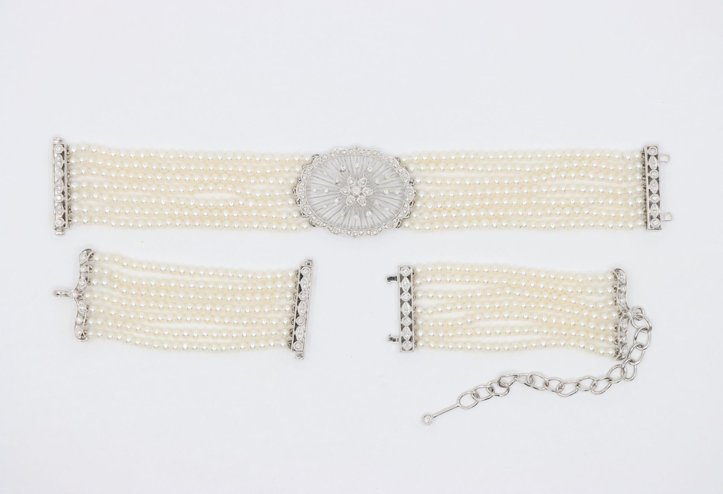 Vintage 18K Weißgold Diamanten Muti-Strand Perle Transformable Armband Choker im Angebot 6