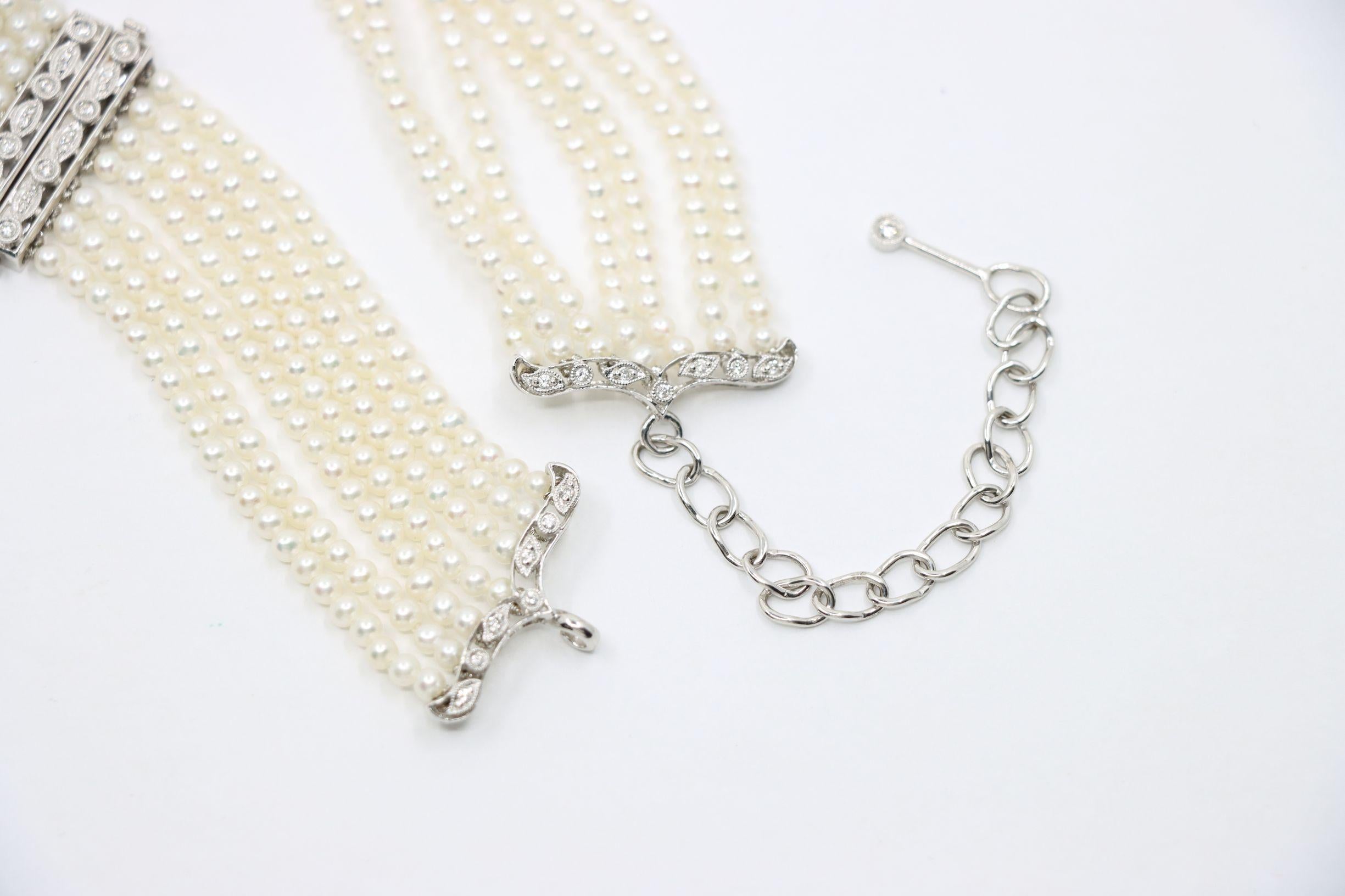 Vintage 18K Weißgold Diamanten Muti-Strand Perle Transformable Armband Choker im Angebot 7