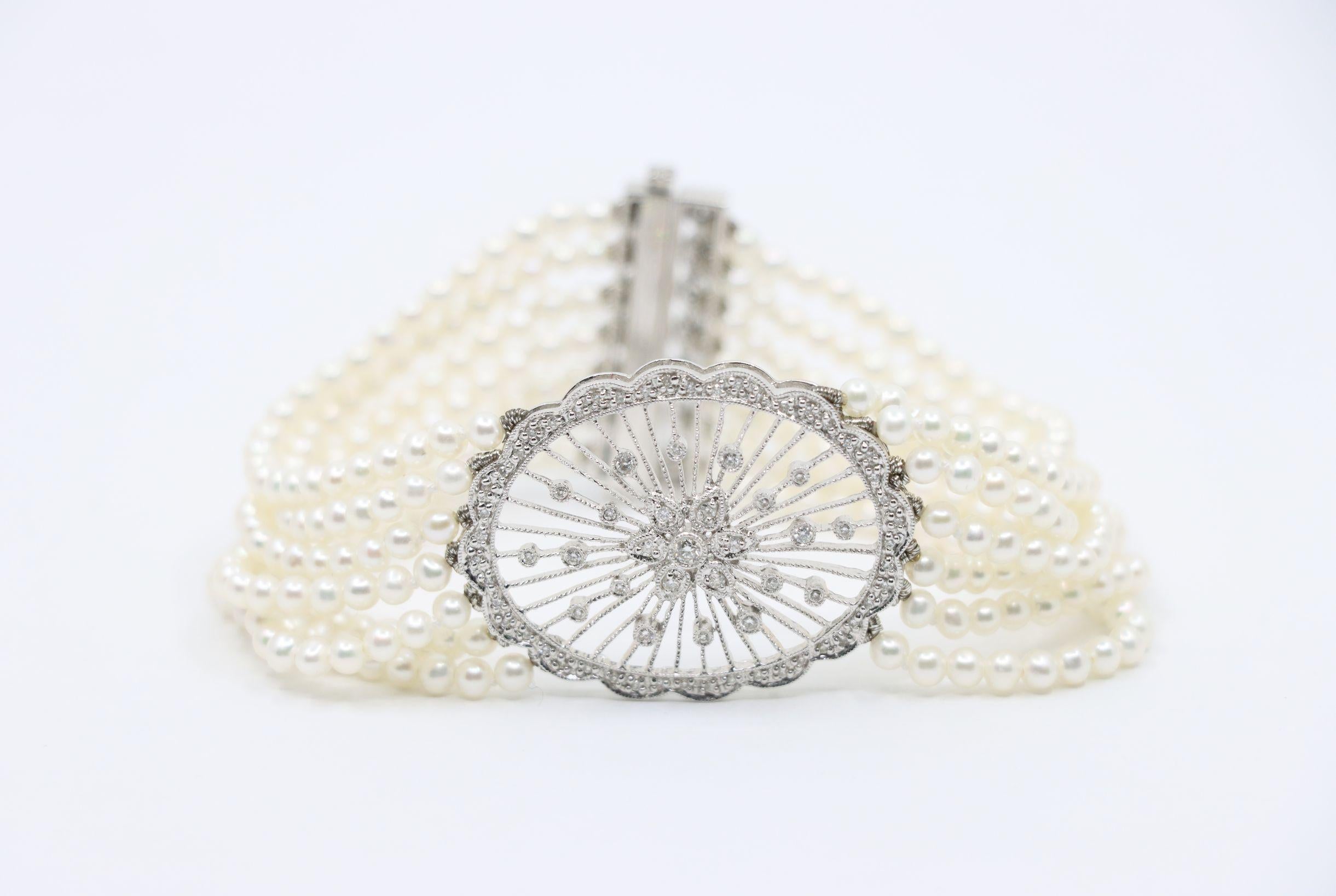 Vintage 18K Weißgold Diamanten Muti-Strand Perle Transformable Armband Choker im Angebot 10