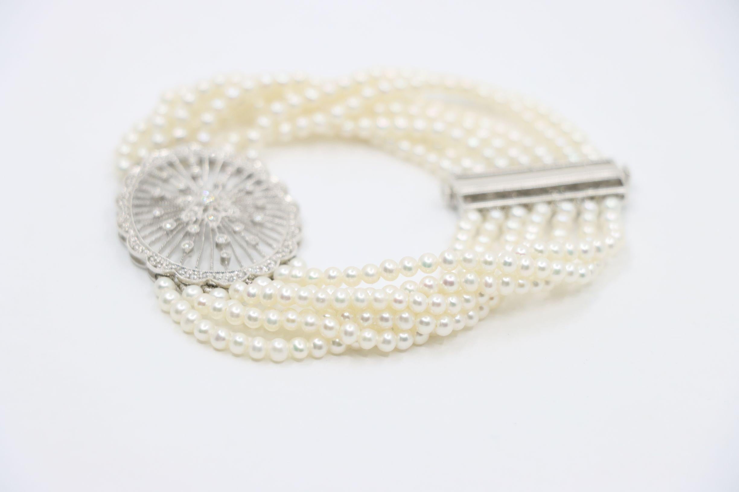Vintage 18K Weißgold Diamanten Muti-Strand Perle Transformable Armband Choker im Angebot 11