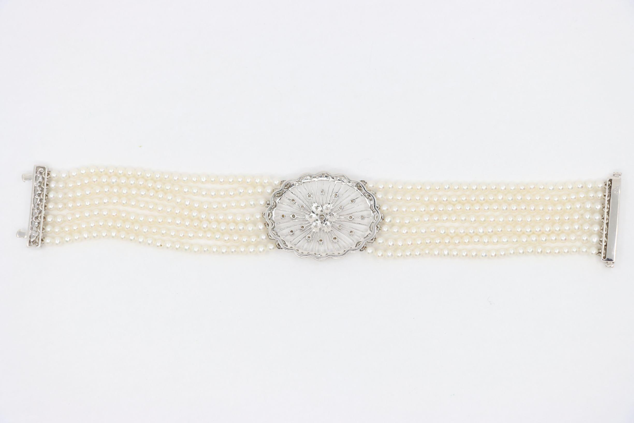 Vintage 18K Weißgold Diamanten Muti-Strand Perle Transformable Armband Choker im Angebot 12