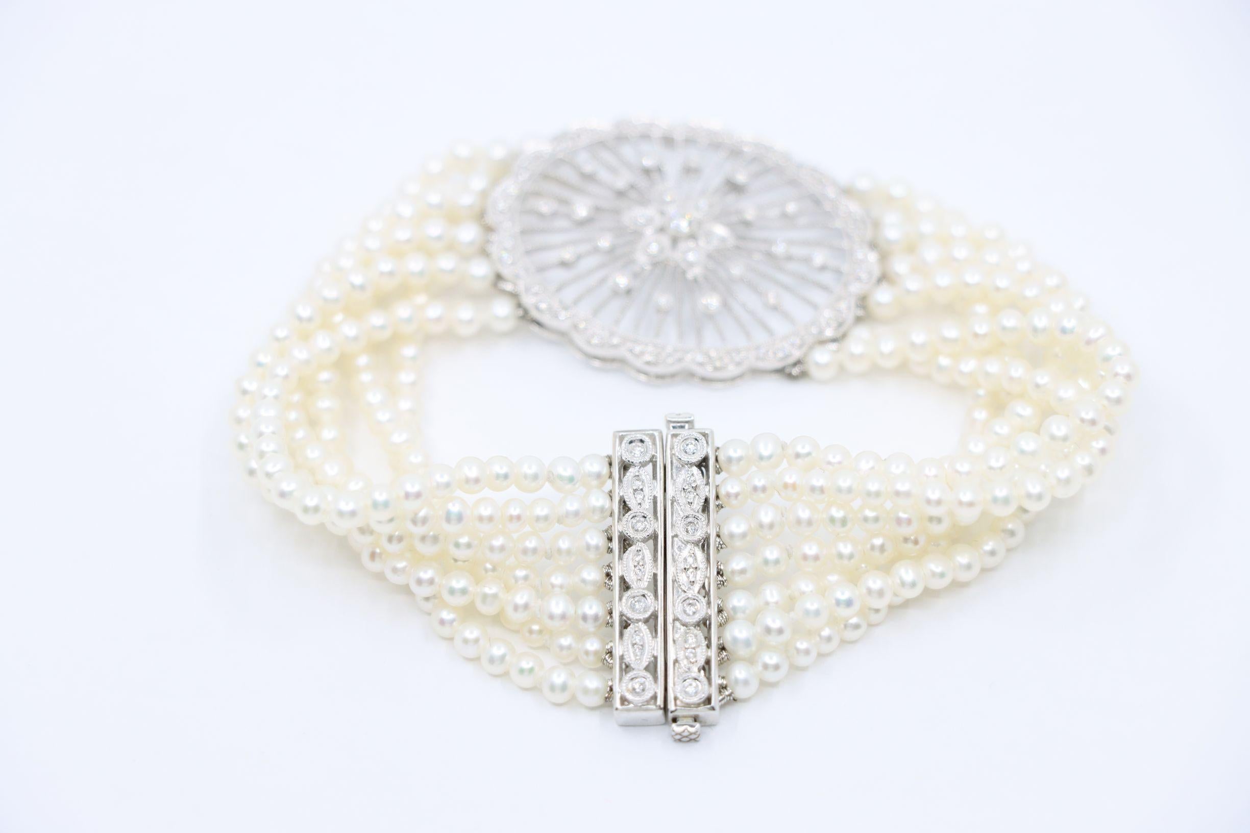 Vintage 18K Weißgold Diamanten Muti-Strand Perle Transformable Armband Choker im Angebot 13