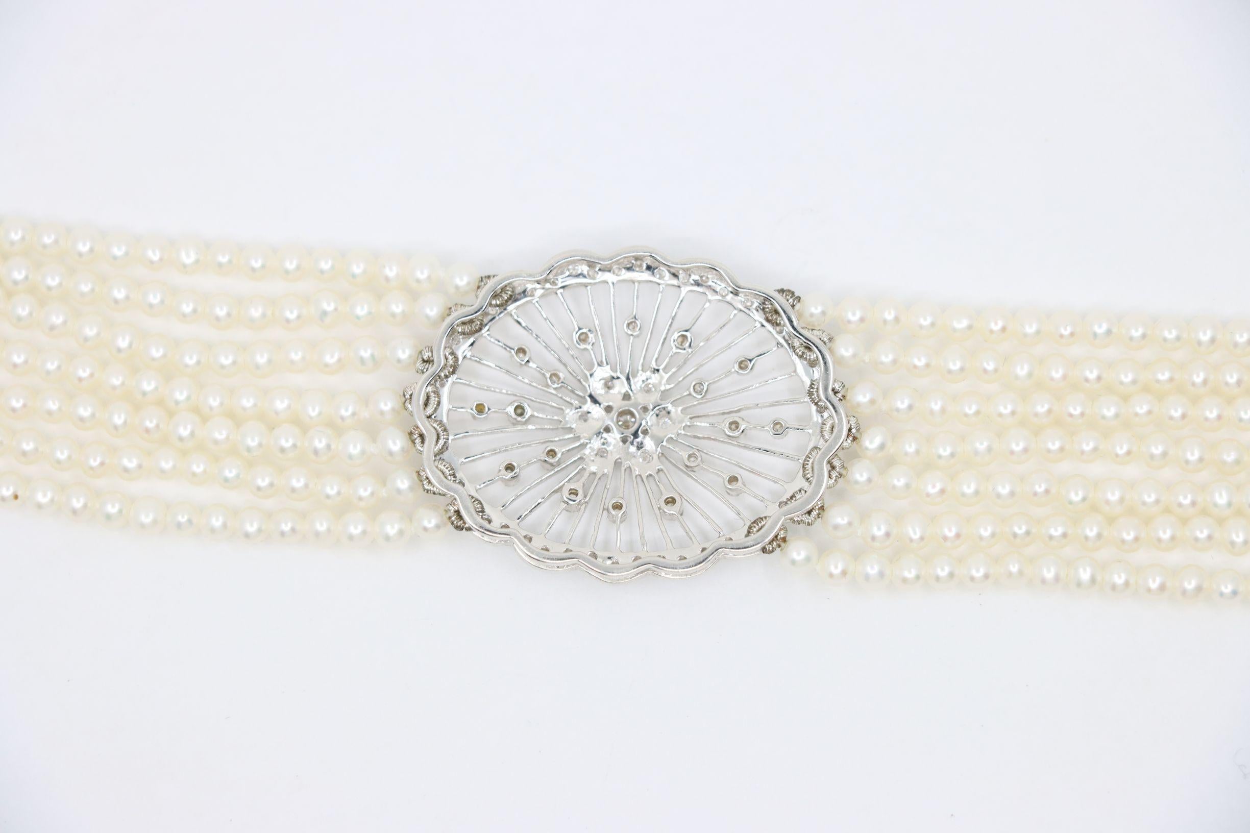 Vintage 18K Weißgold Diamanten Muti-Strand Perle Transformable Armband Choker im Angebot 14