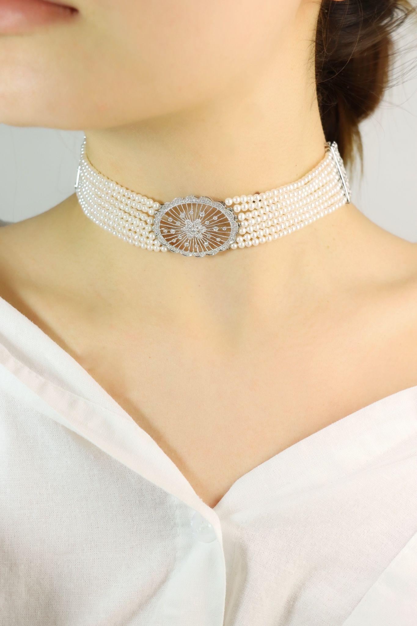 Vintage 18K Weißgold Diamanten Muti-Strand Perle Transformable Armband & Halsband

Markiert:
750

Ungefähre Abmessungen:
17,5 cm (Länge des Armbands) 
39 cm (Halsbandlänge)
2,6 cm (Breite)
3,05 mm (Perle)
Ca. 0,42 Karat (Diamant)
44,5 Gramm