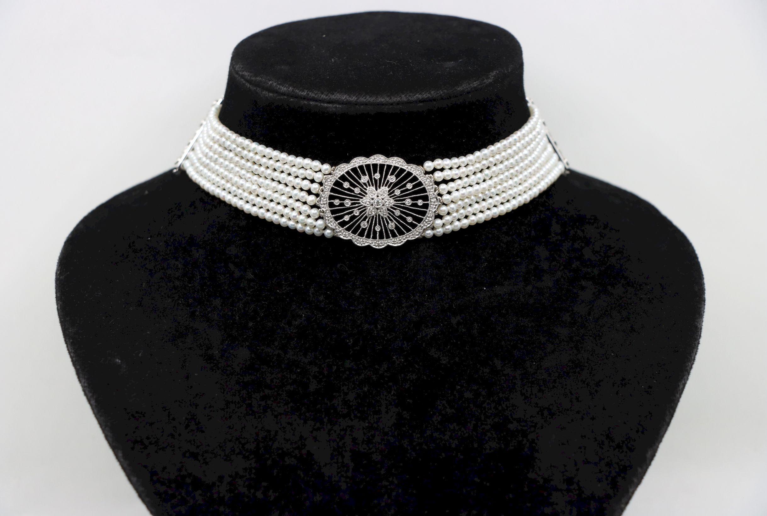 Vintage 18K Weißgold Diamanten Muti-Strand Perle Transformable Armband Choker im Zustand „Gut“ im Angebot in Flushing, NY