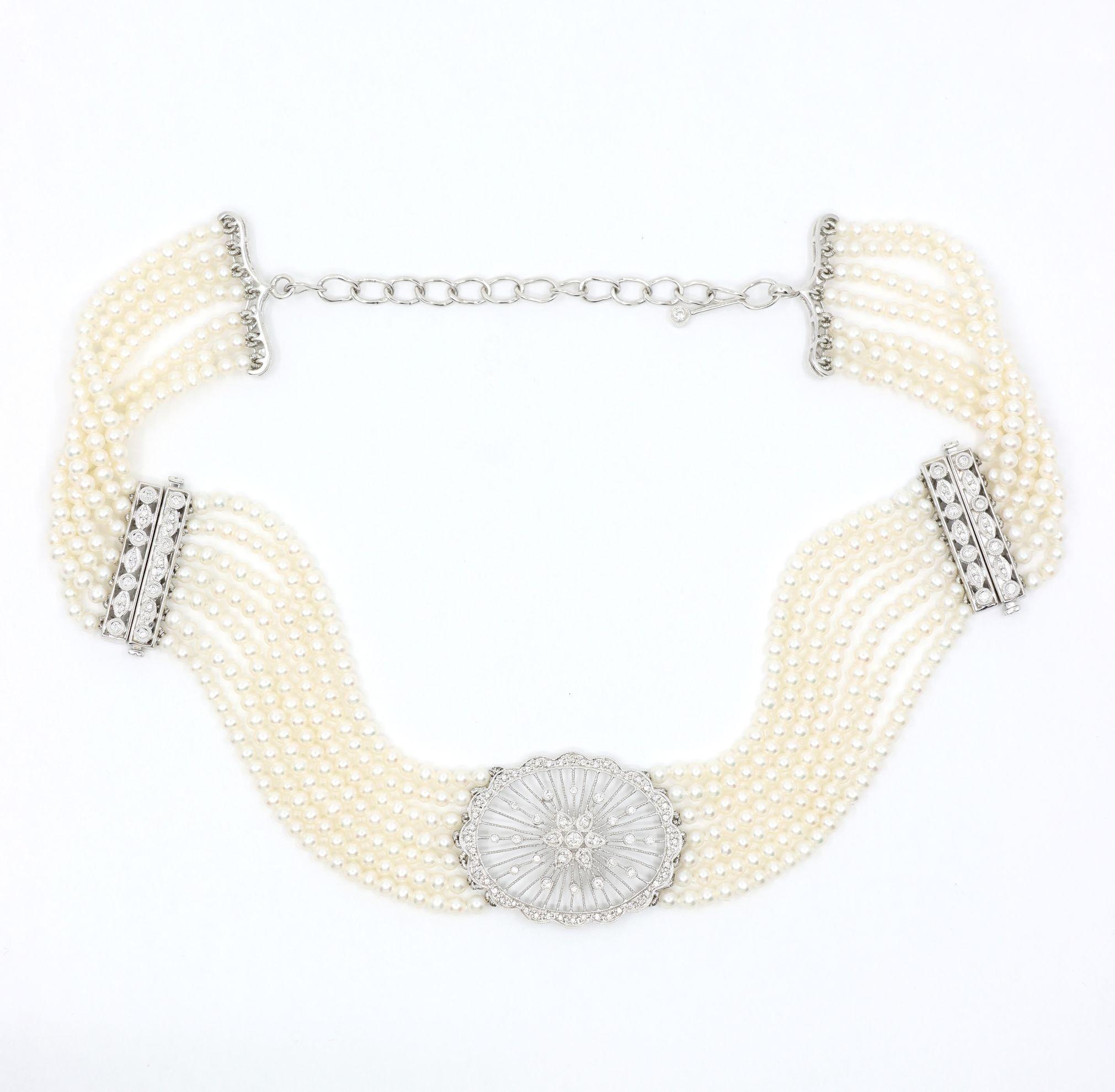 Vintage 18K Weißgold Diamanten Muti-Strand Perle Transformable Armband Choker Damen im Angebot