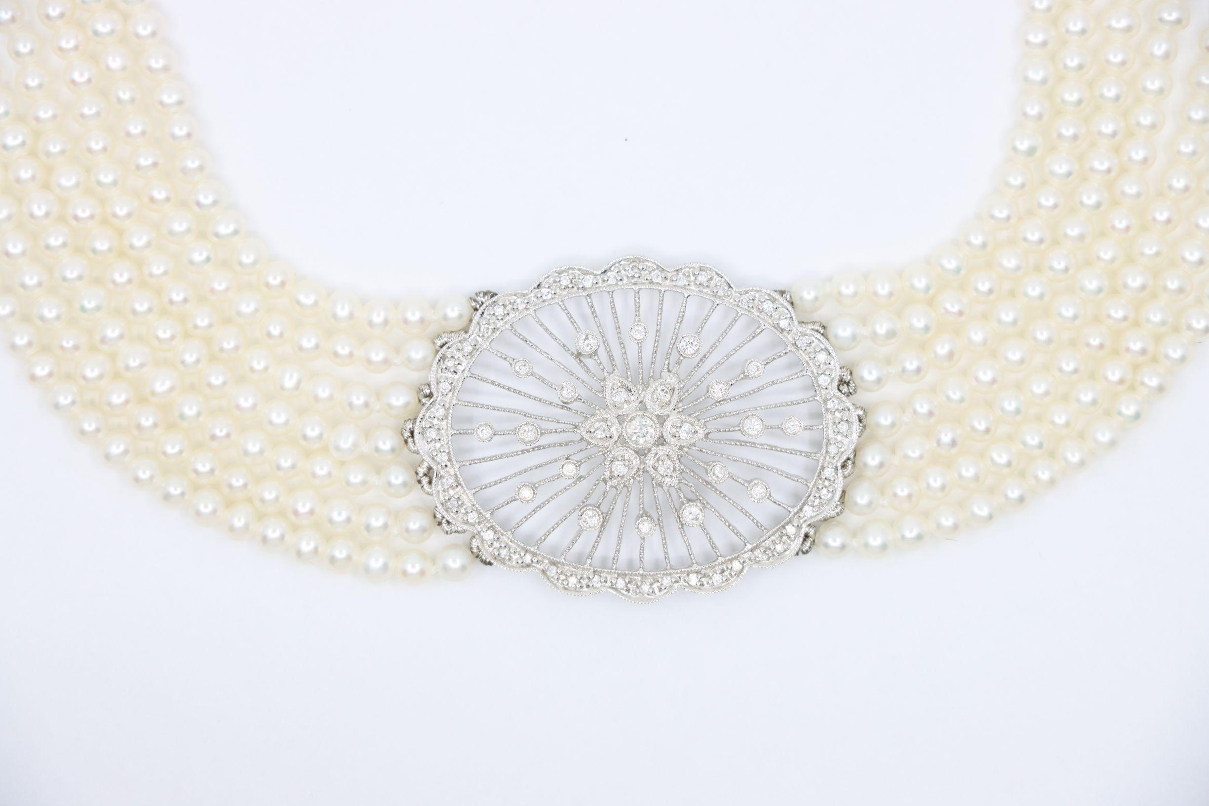 Vintage 18K Weißgold Diamanten Muti-Strand Perle Transformable Armband Choker im Angebot 1
