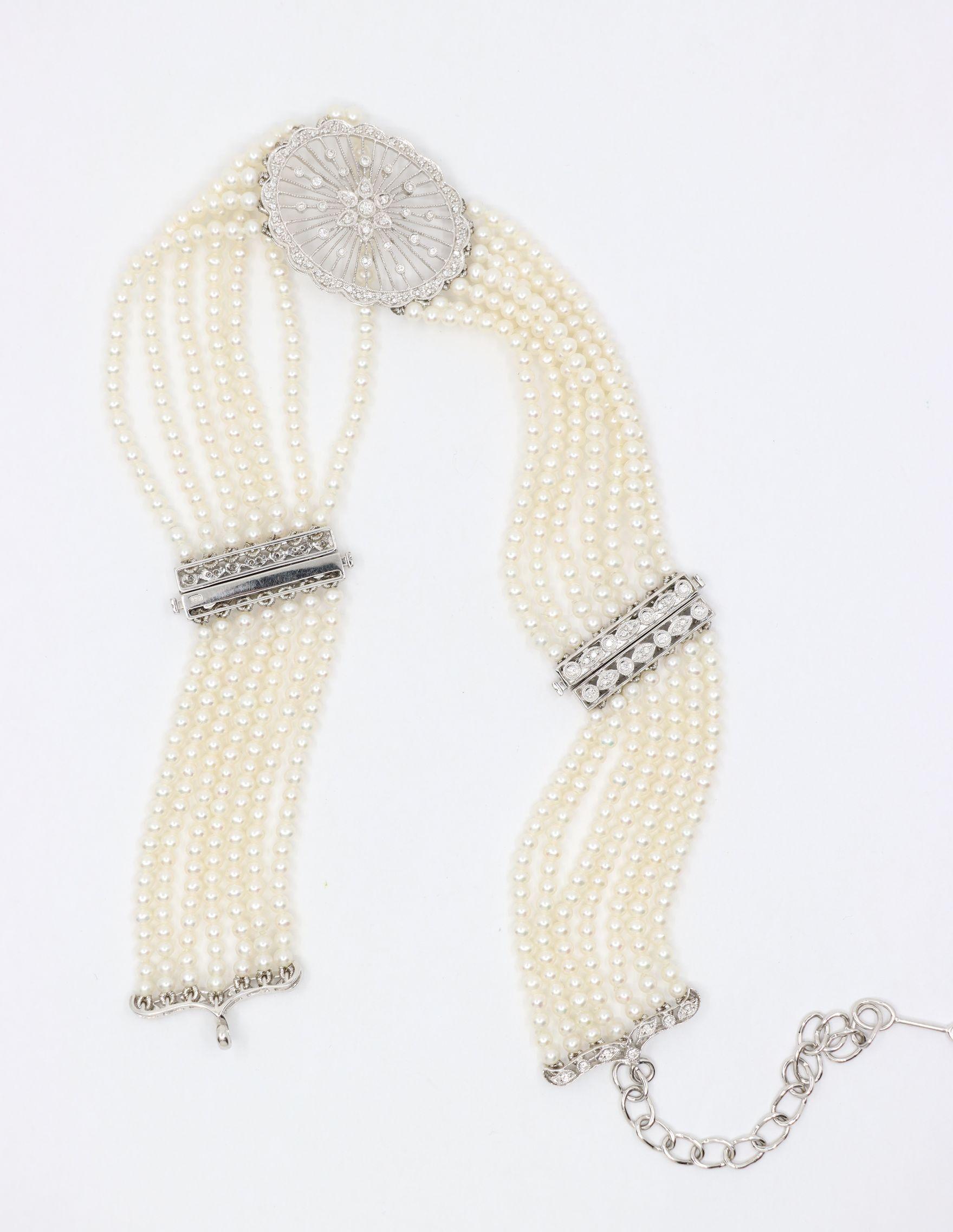 Vintage 18K Weißgold Diamanten Muti-Strand Perle Transformable Armband Choker im Angebot 2