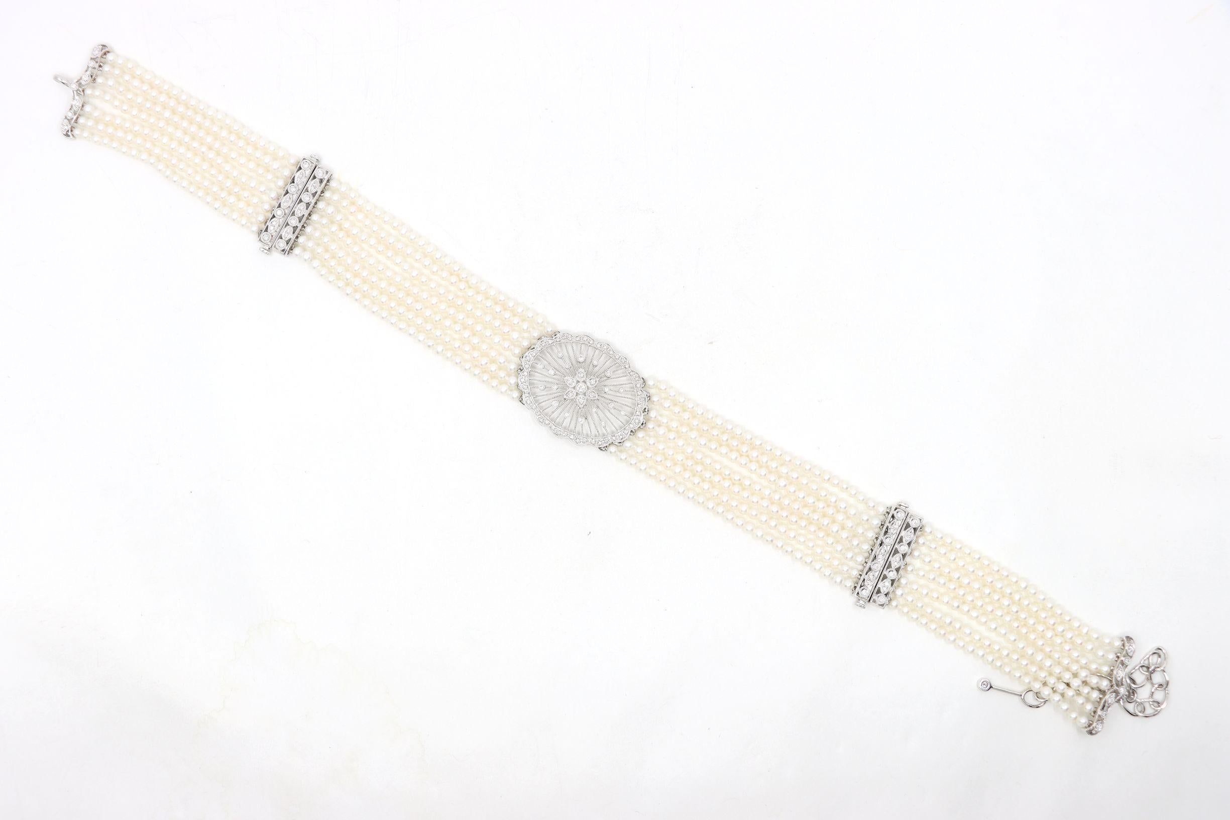 Vintage 18K Weißgold Diamanten Muti-Strand Perle Transformable Armband Choker im Angebot 3