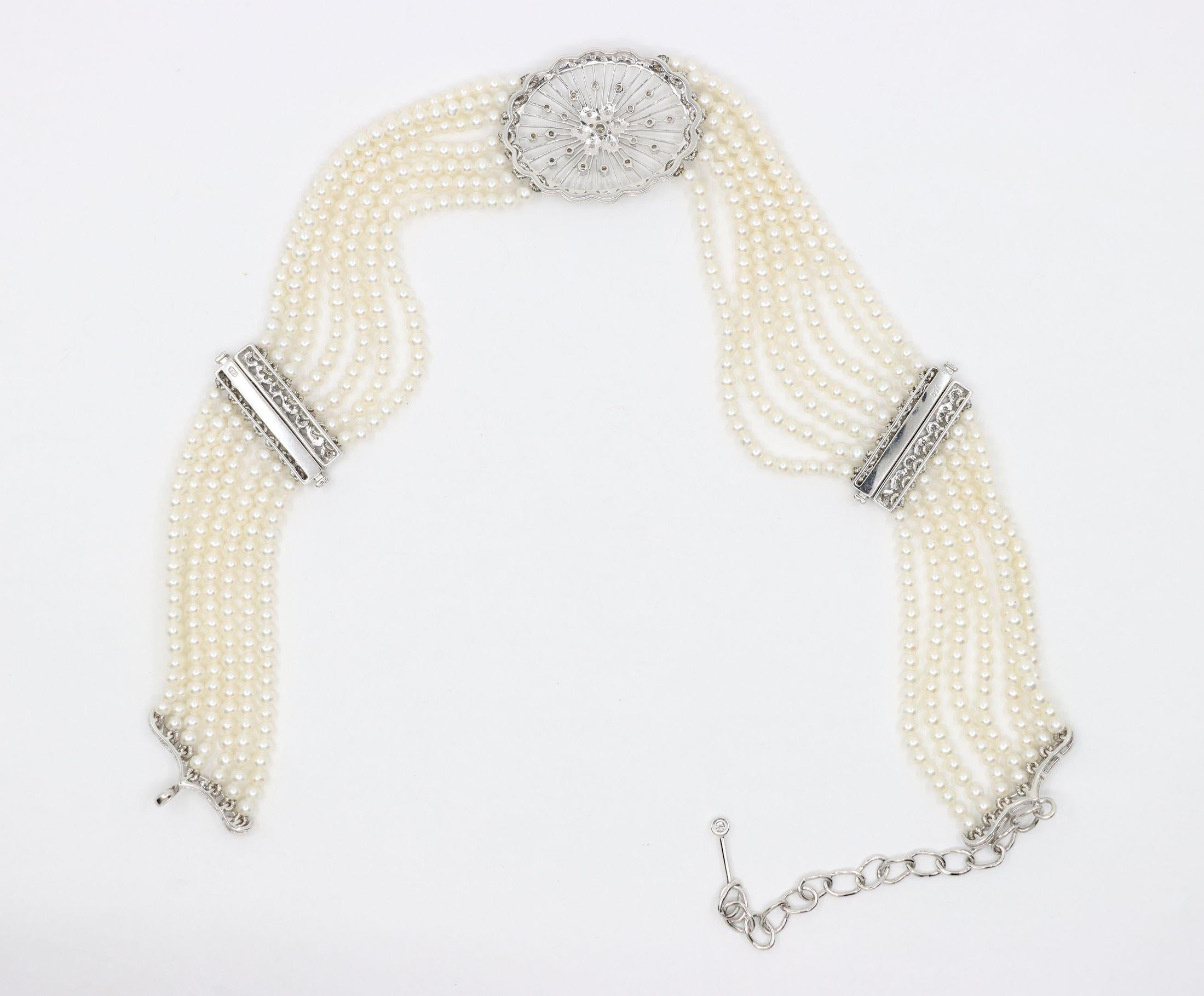 Vintage 18K Weißgold Diamanten Muti-Strand Perle Transformable Armband Choker im Angebot 4