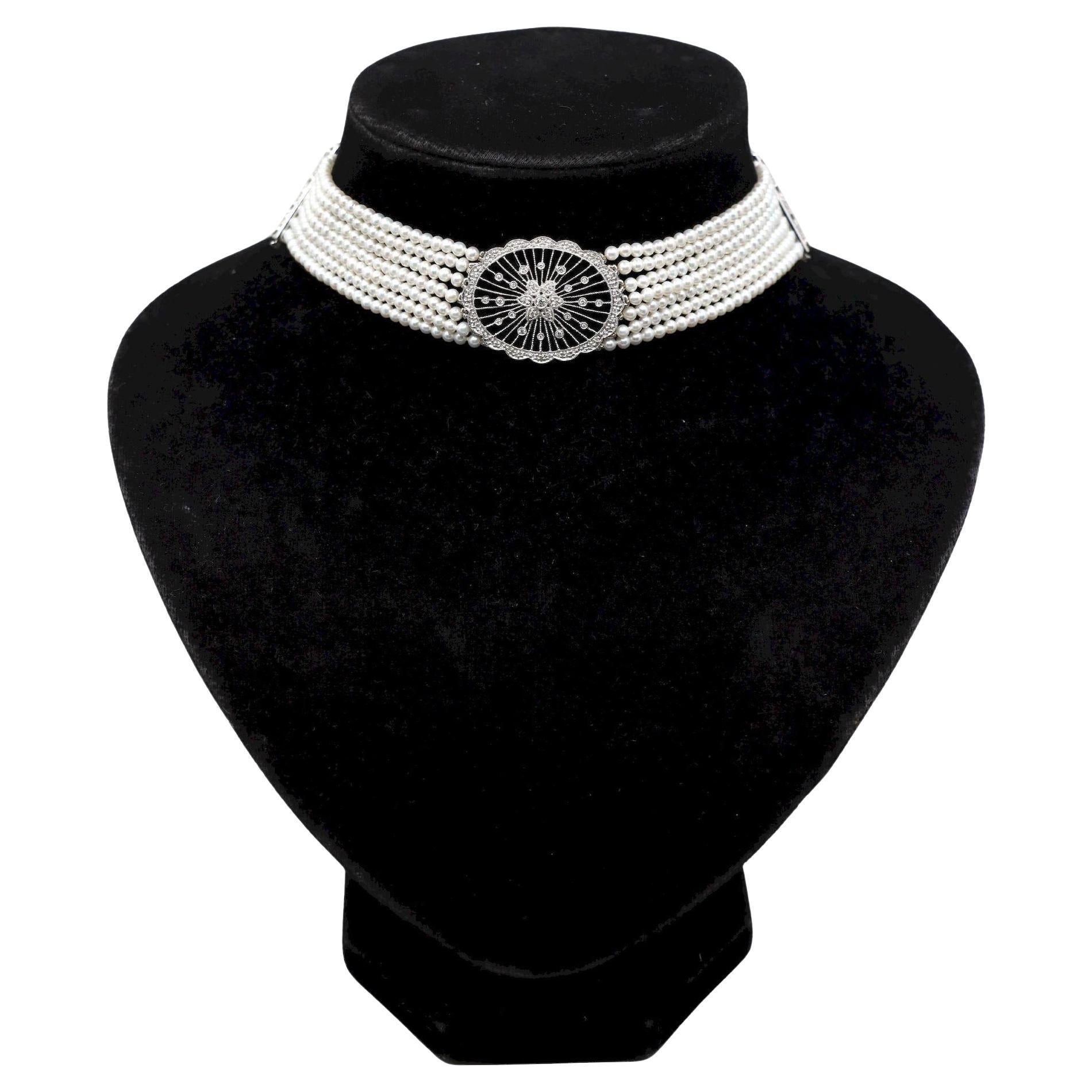 Vintage 18K Weißgold Diamanten Muti-Strand Perle Transformable Armband Choker im Angebot