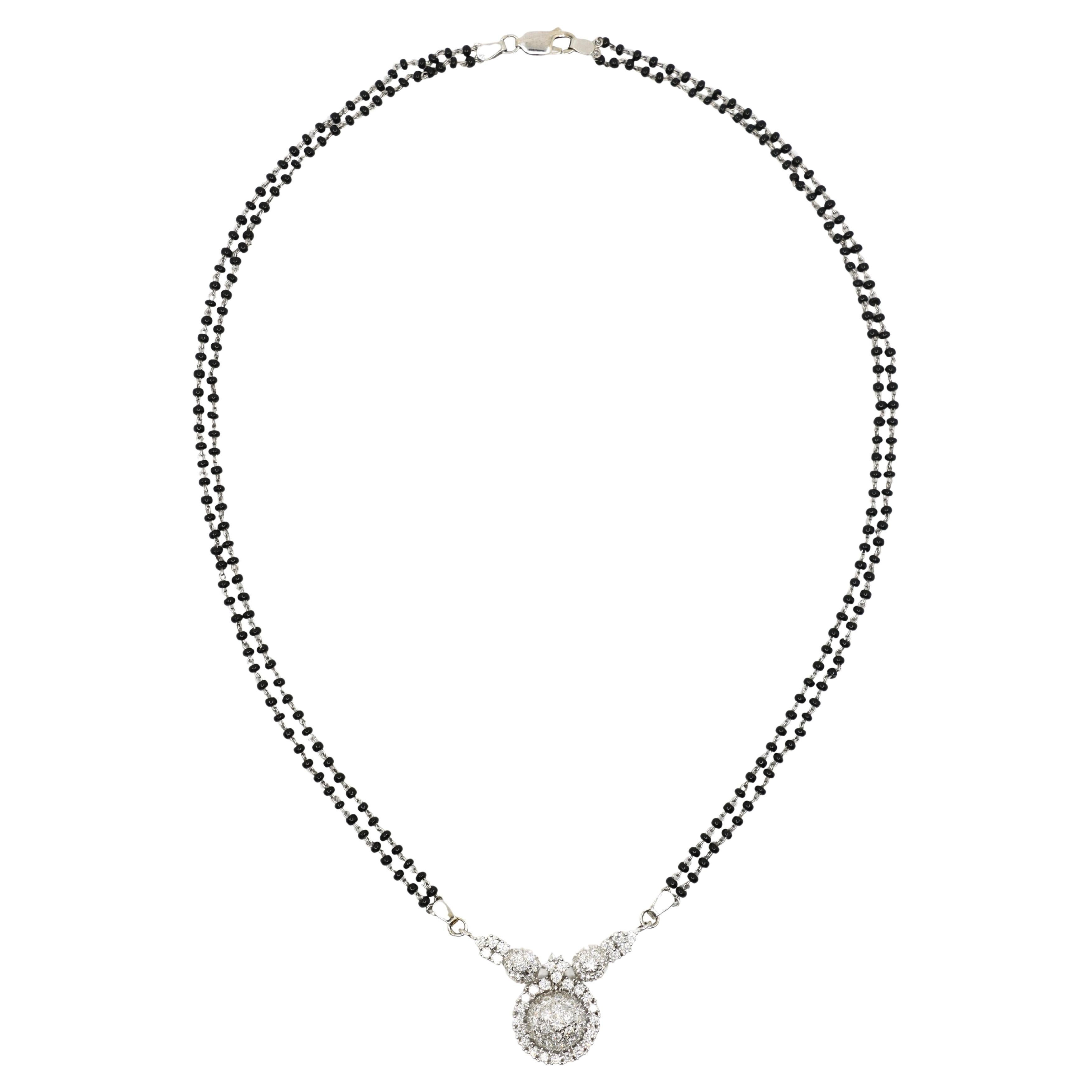 Vintage 18K White Gold Diamonds Onyx Beads Necklace