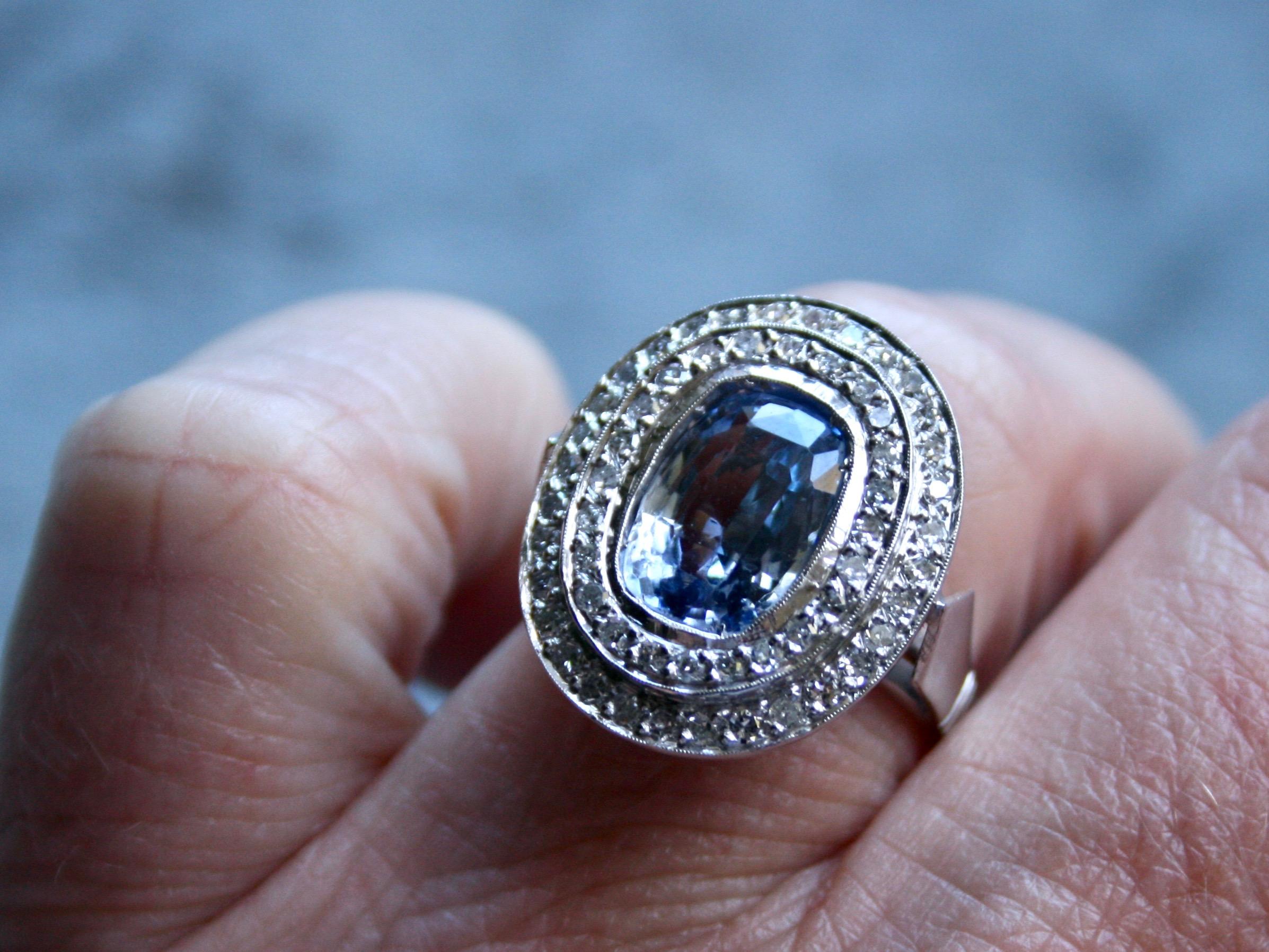 Vintage 18 Karat Gold Double Diamond Halo Sapphire Engagement Ring 5.12 Carat 1