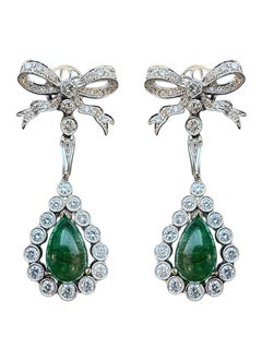 Vintage 18K White Gold Emerald and Diamond Bow Drop Earrings