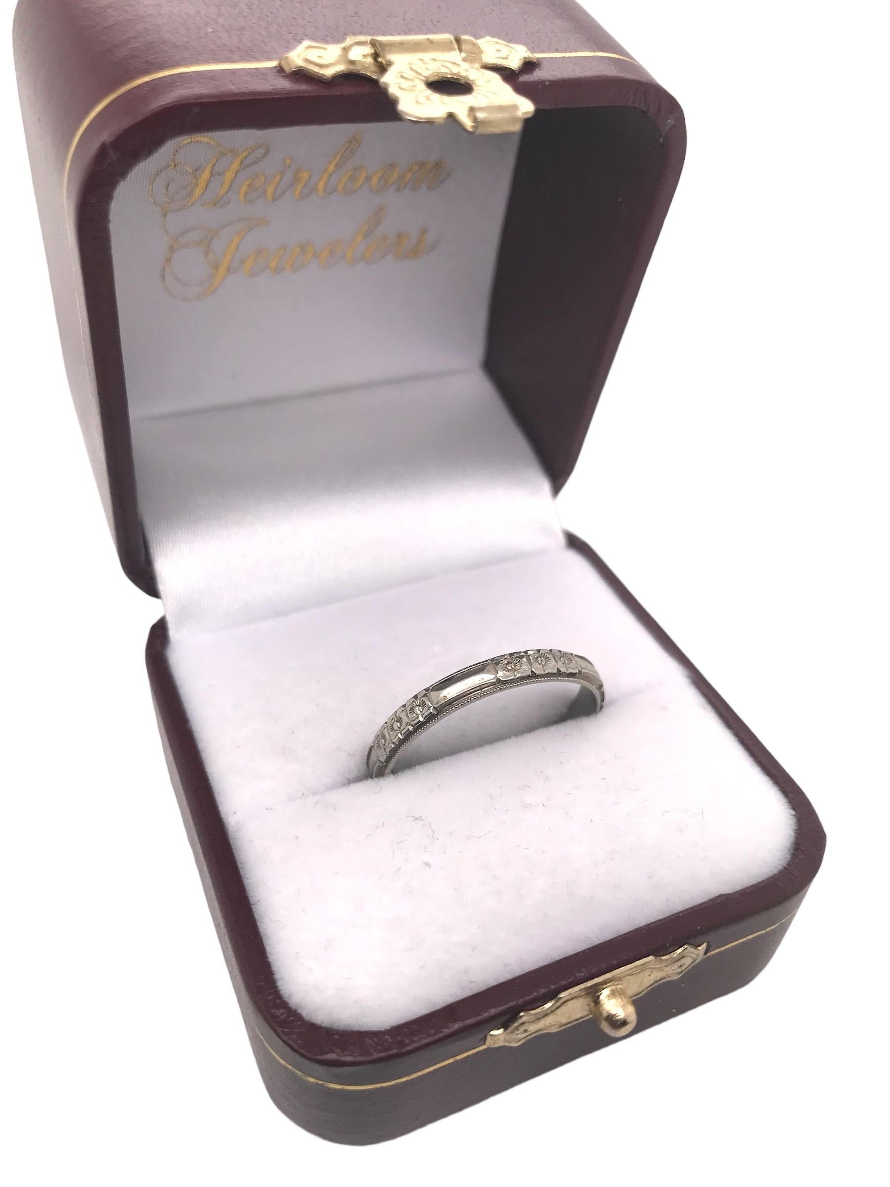 Women's Vintage 18K White Gold Engraved Wedding Band Size 10 For Sale