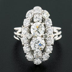 Vintage 18k White Gold European Cut Diamond Elongated Oval Ring w/ Tulip Sides