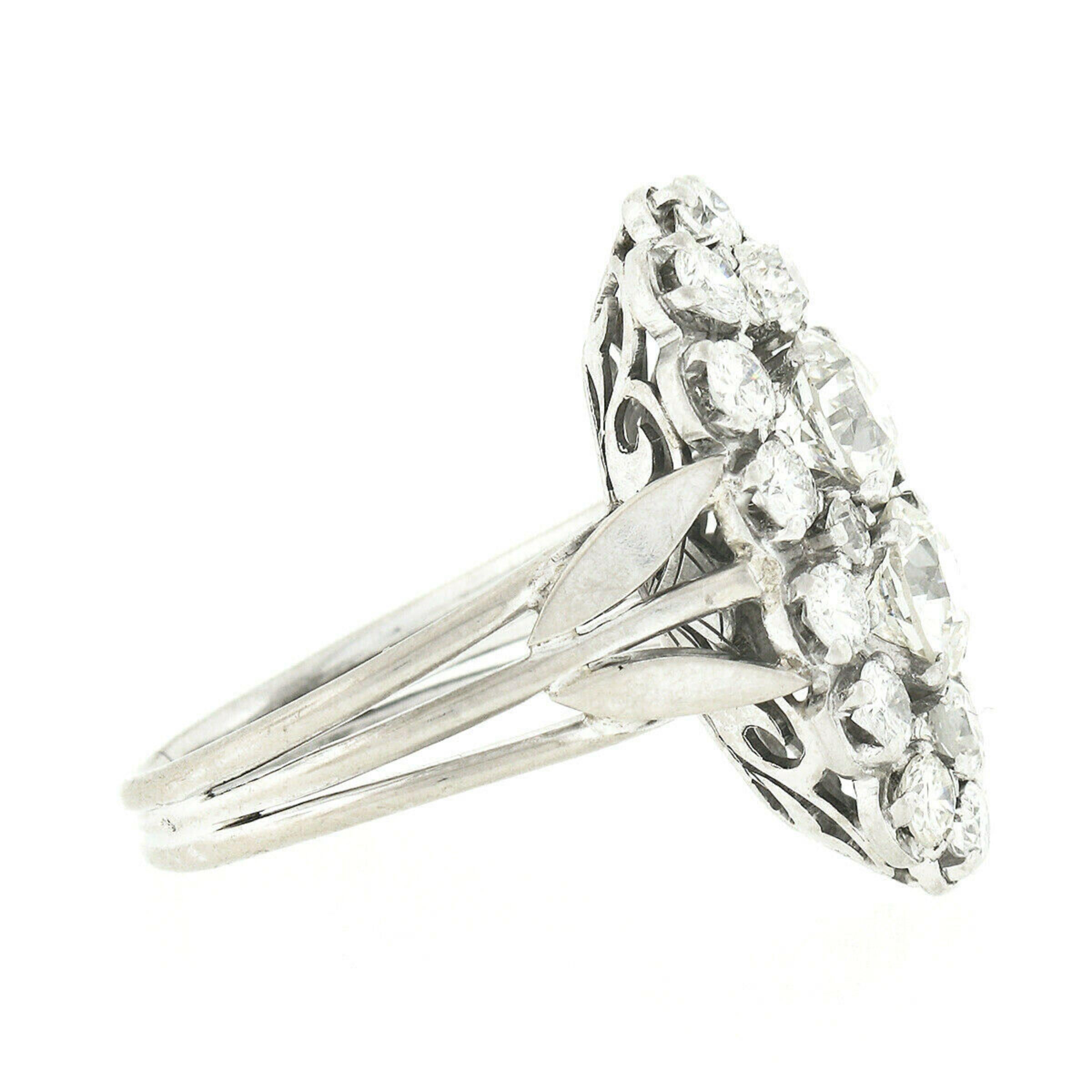 Vintage 18k White Gold European Cut Diamond Elongated Oval Ring w/ Tulip Sides In Good Condition For Sale In Montclair, NJ