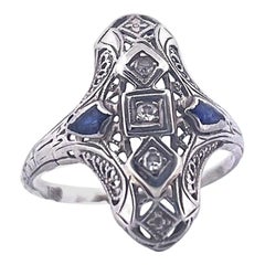 Vintage 18K White Gold Filigree Diamond & Sapphire Ring