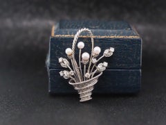 Vintage 18K White Gold Flower Boquet Brooch  Pearls and Diamond