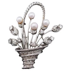 Vintage 18K White Gold Flower Boquet Brooch  Pearls and Diamond