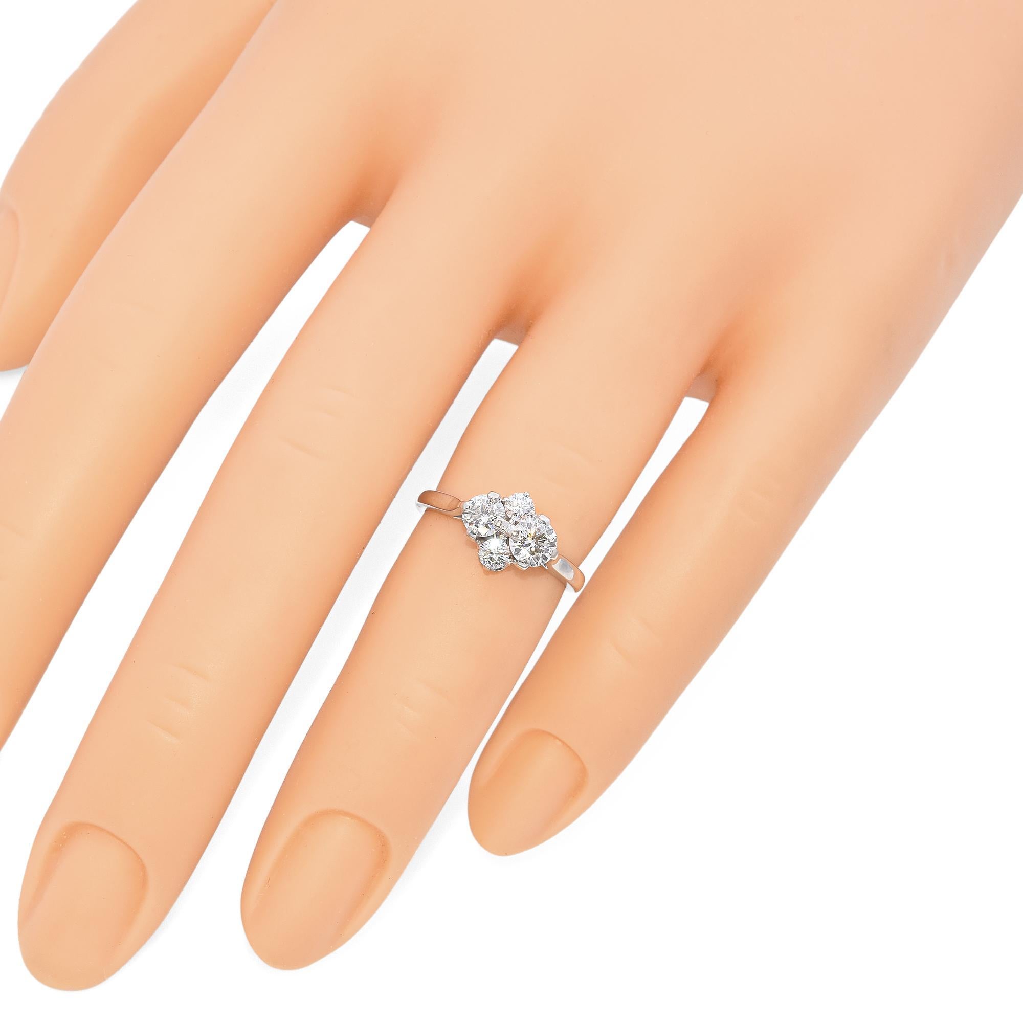 Brilliant Cut Vintage 18K White Gold Four Diamond Cluster Ring For Sale