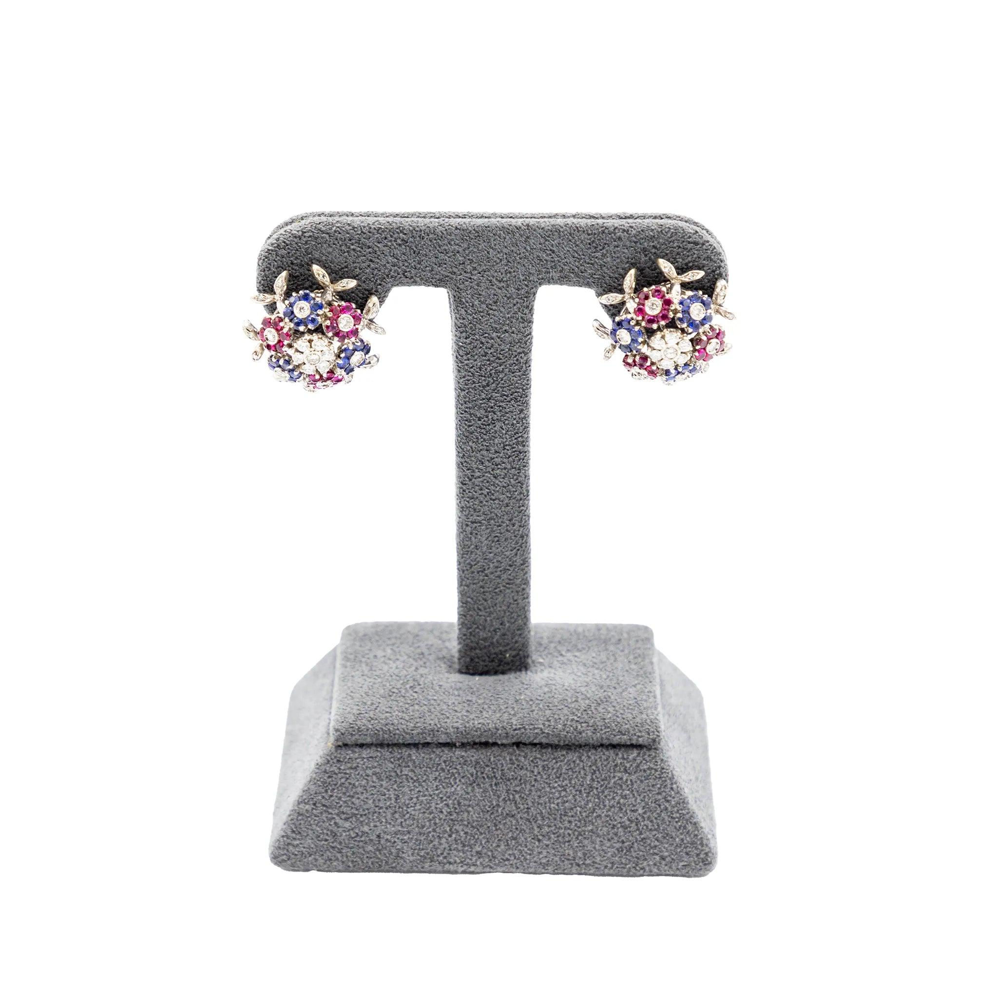 Vintage 18K Weißgold Edelstein florale Clip-Ohrringe ' 60s im Zustand „Relativ gut“ im Angebot in Milano, IT