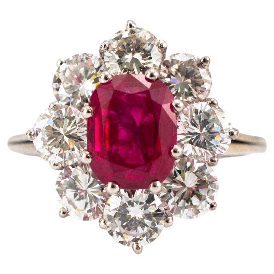 Vintage 18K White Gold Gia 3.93ctw Burma Ruby Halo Diamond Floral Cocktail Ring