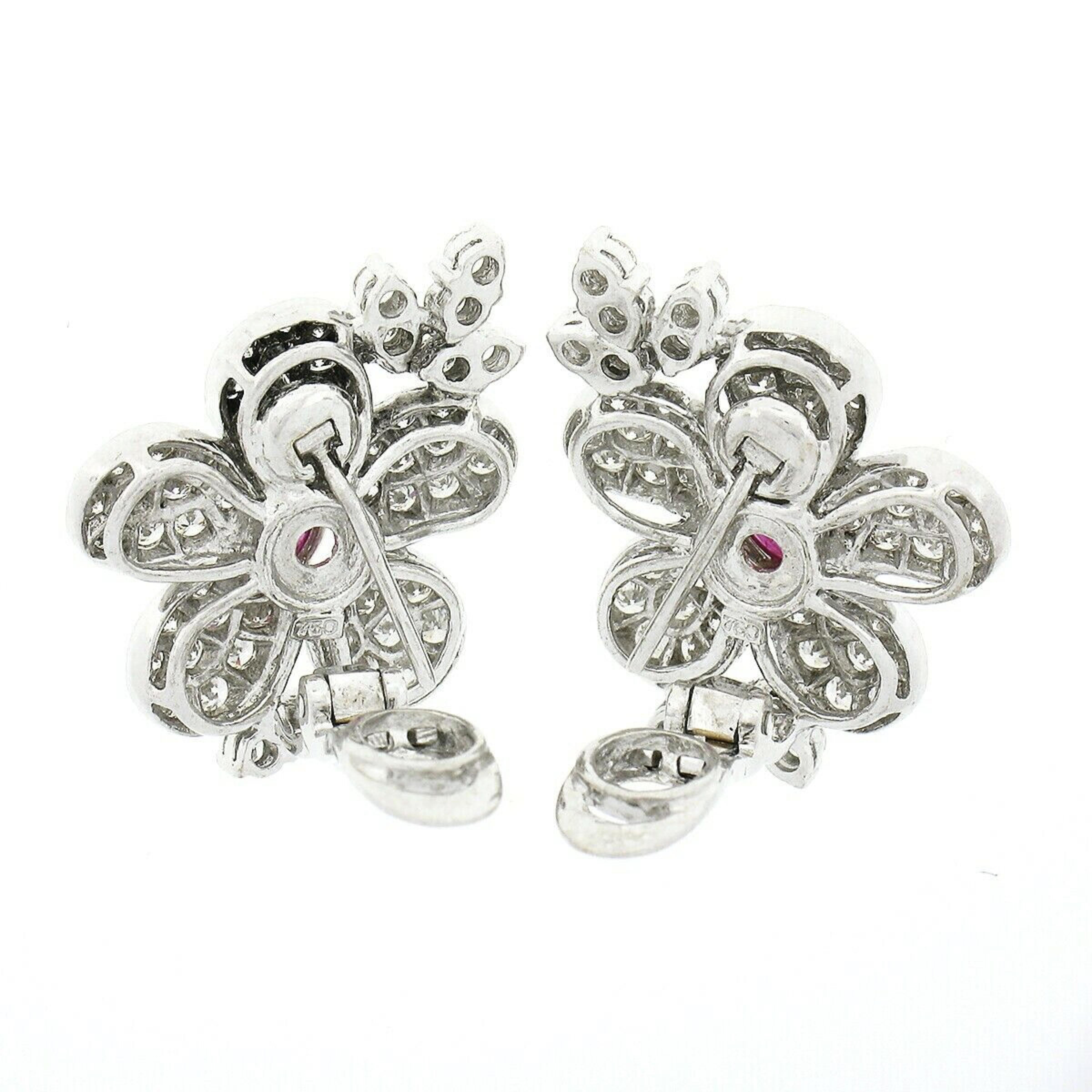 Oval Cut Vintage 18k White Gold GIA Burma No Heat Ruby Diamond Flower Statement Earrings