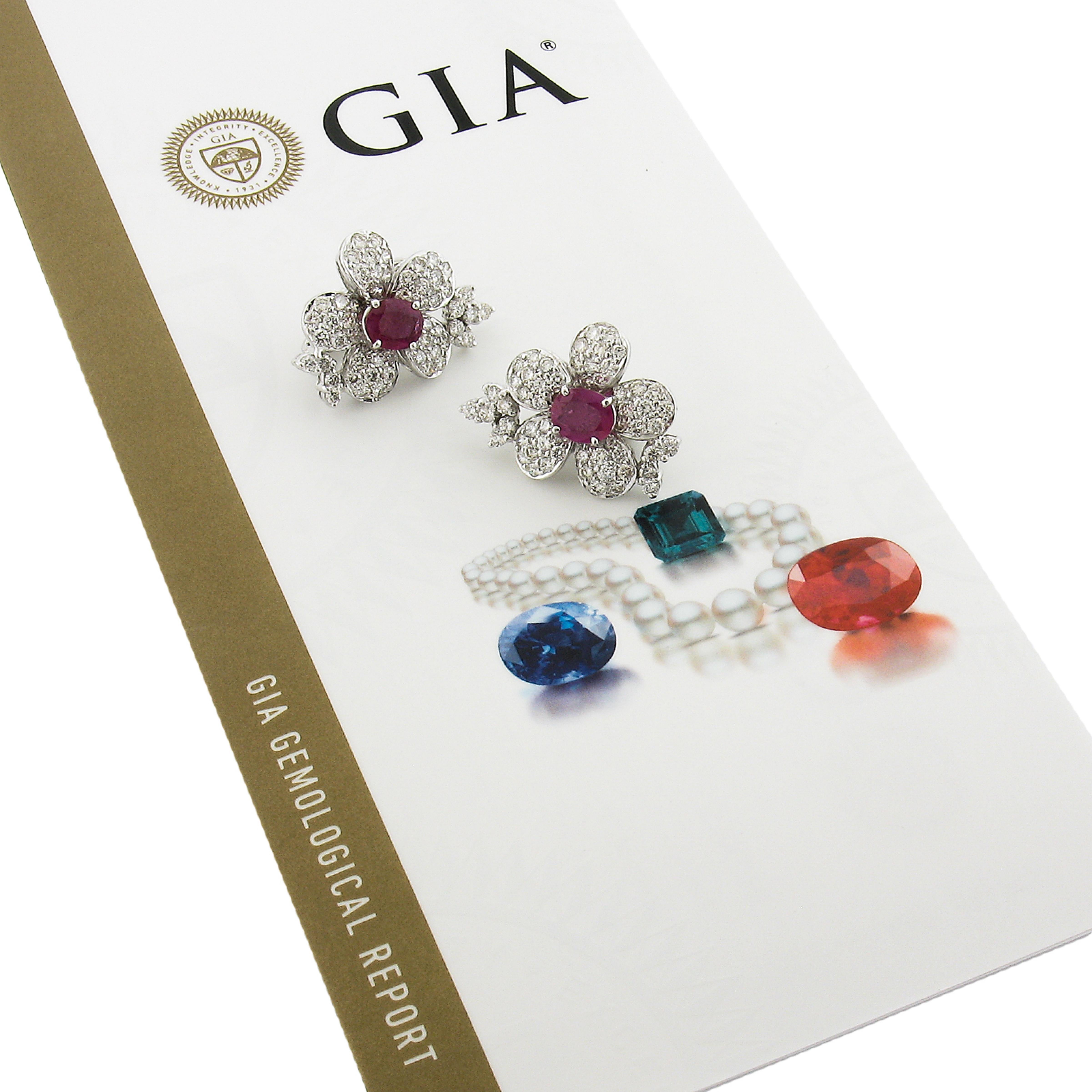 Vintage 18k White Gold GIA Burma NO HEAT Ruby Diamond Flower Statement Earrings For Sale 1