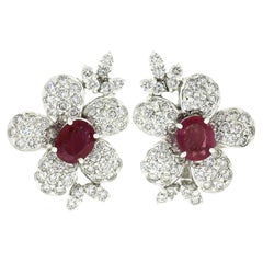 Vintage 18k White Gold GIA Burma No Heat Ruby Diamond Flower Statement Earrings