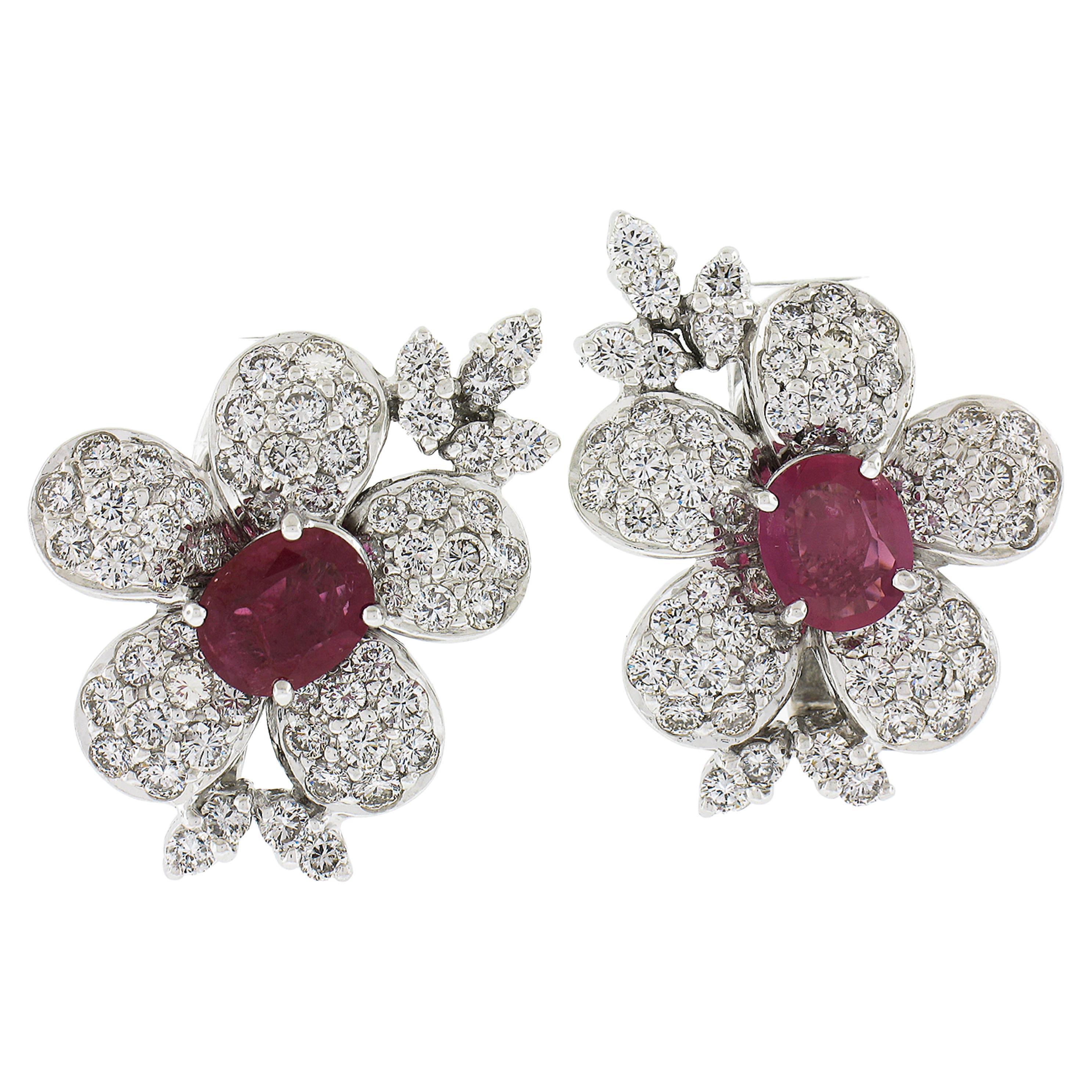 Vintage 18k White Gold GIA Burma NO HEAT Ruby Diamond Flower Statement Earrings For Sale