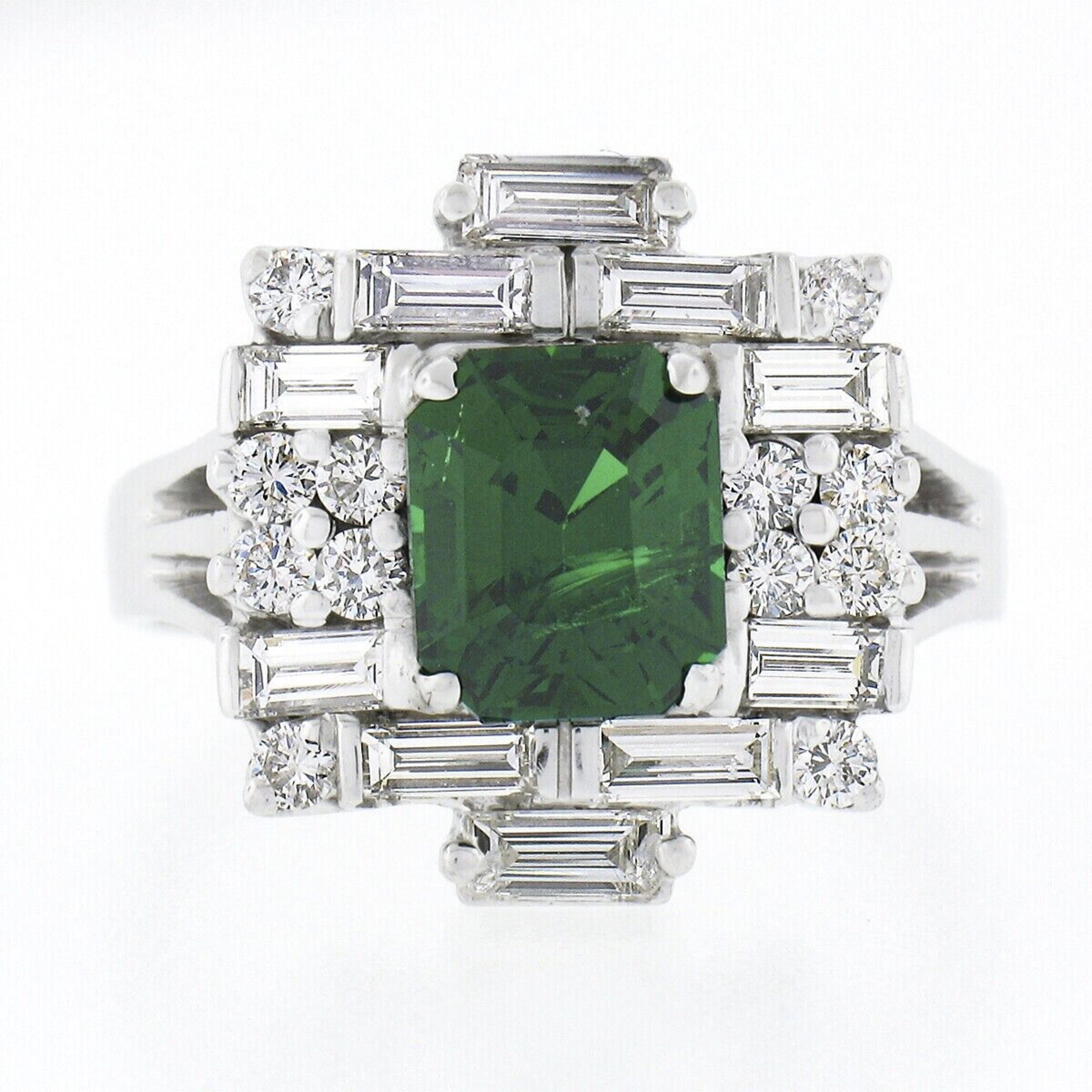 Retro Vintage 18k White Gold GIA Emerald Cut Tsavorite w/ Diamond Brick Pattern Ring For Sale