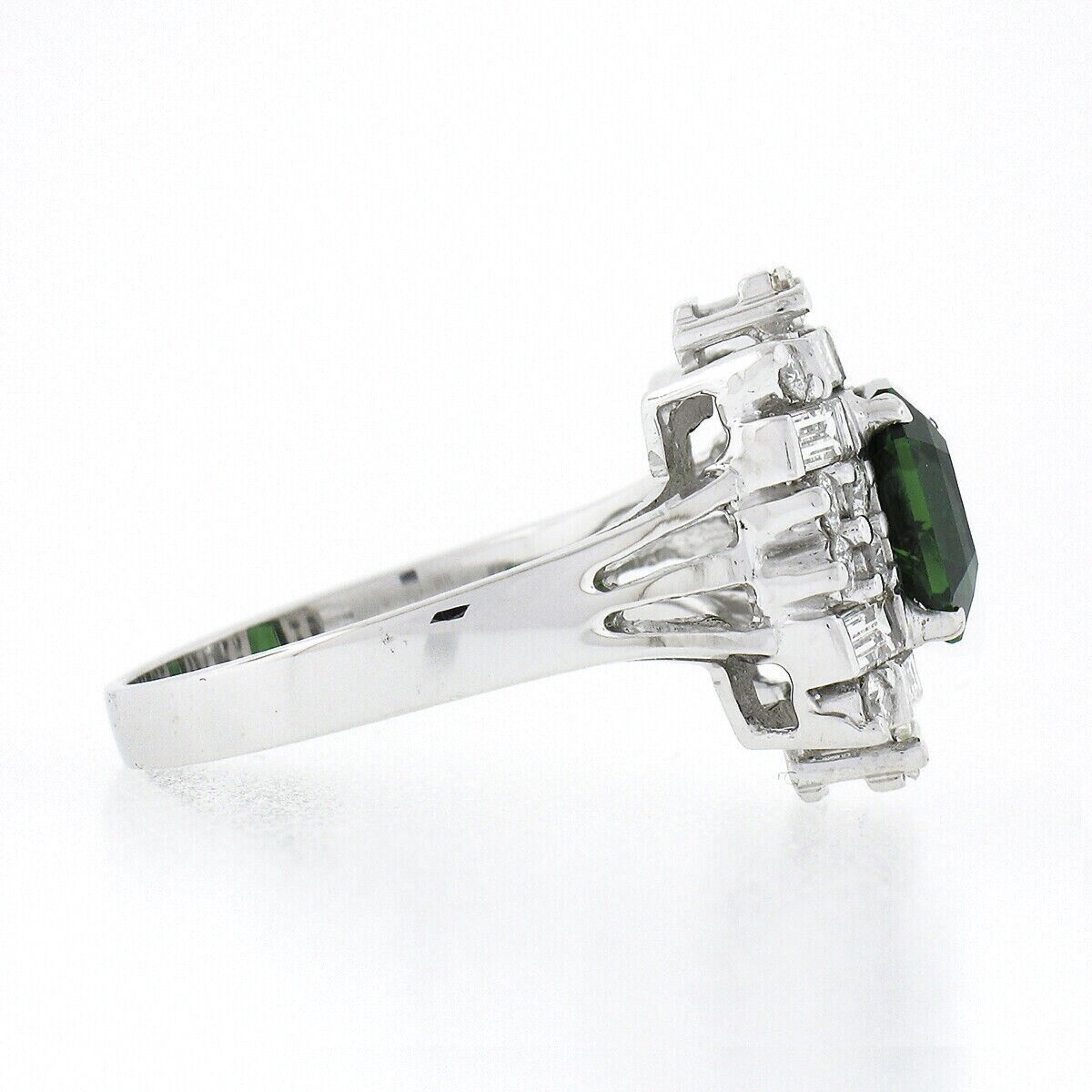 Octagon Cut Vintage 18k White Gold GIA Emerald Cut Tsavorite w/ Diamond Brick Pattern Ring For Sale