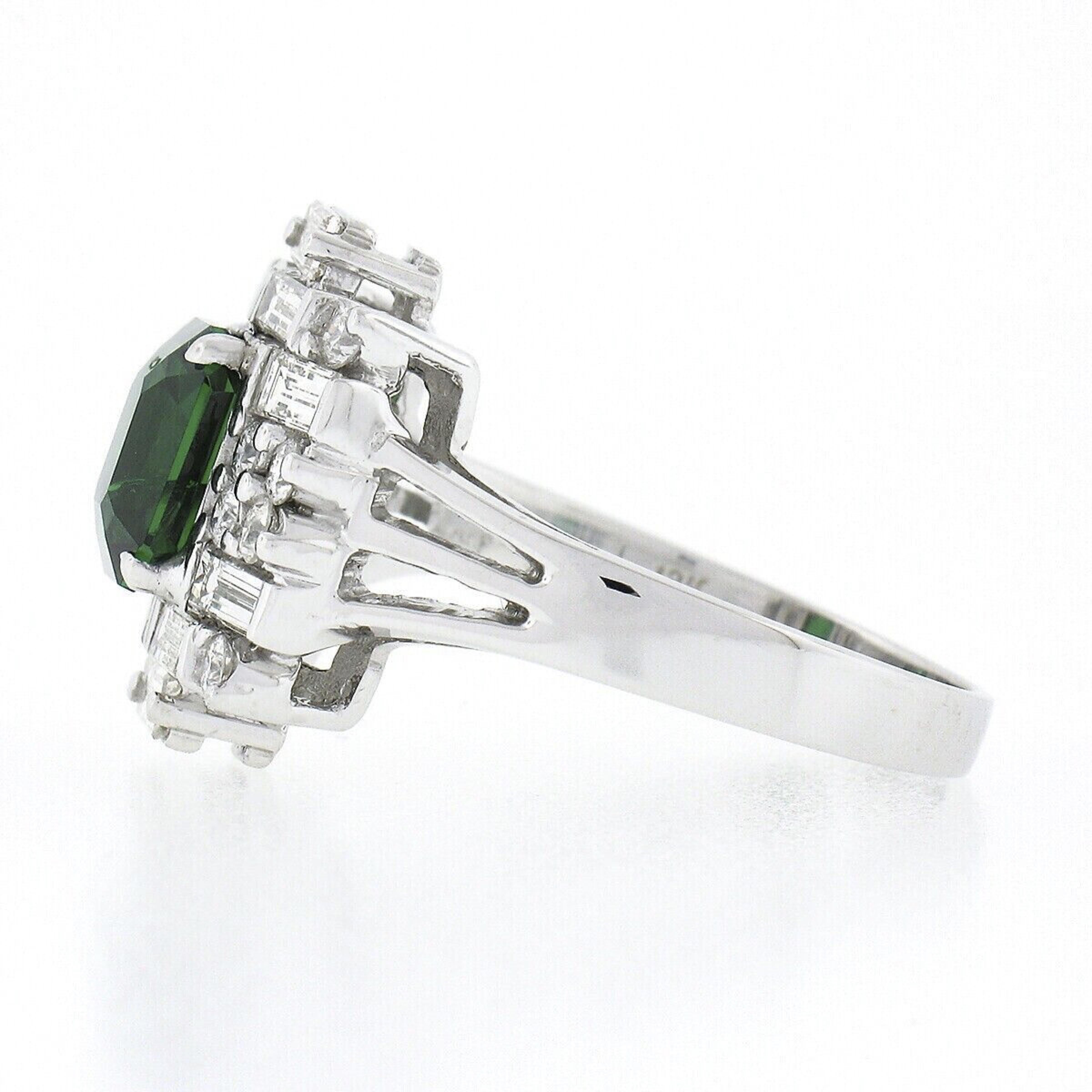 Vintage 18k White Gold GIA Emerald Cut Tsavorite w/ Diamond Brick Pattern Ring In Good Condition For Sale In Montclair, NJ