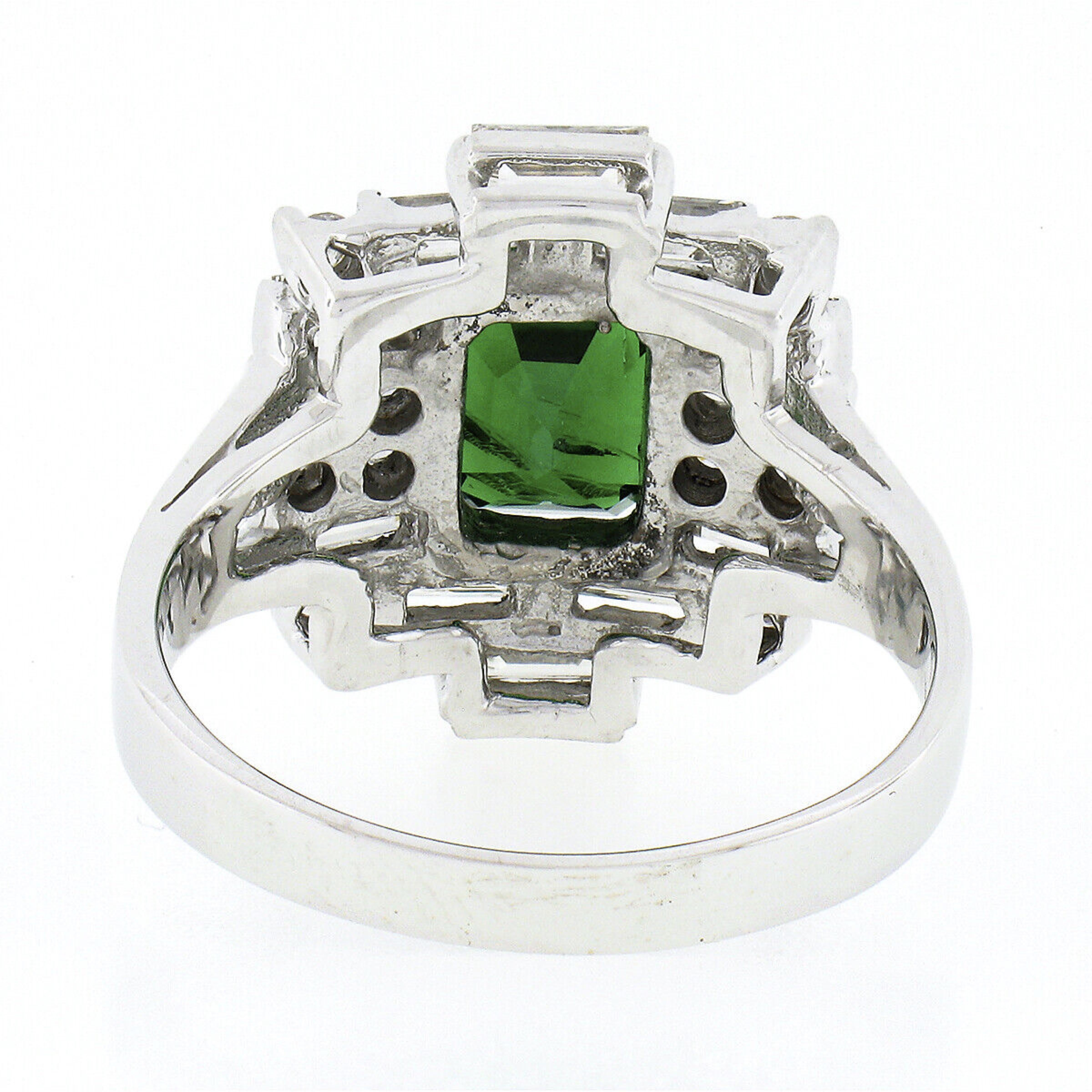 Women's Vintage 18k White Gold GIA Emerald Cut Tsavorite w/ Diamond Brick Pattern Ring For Sale