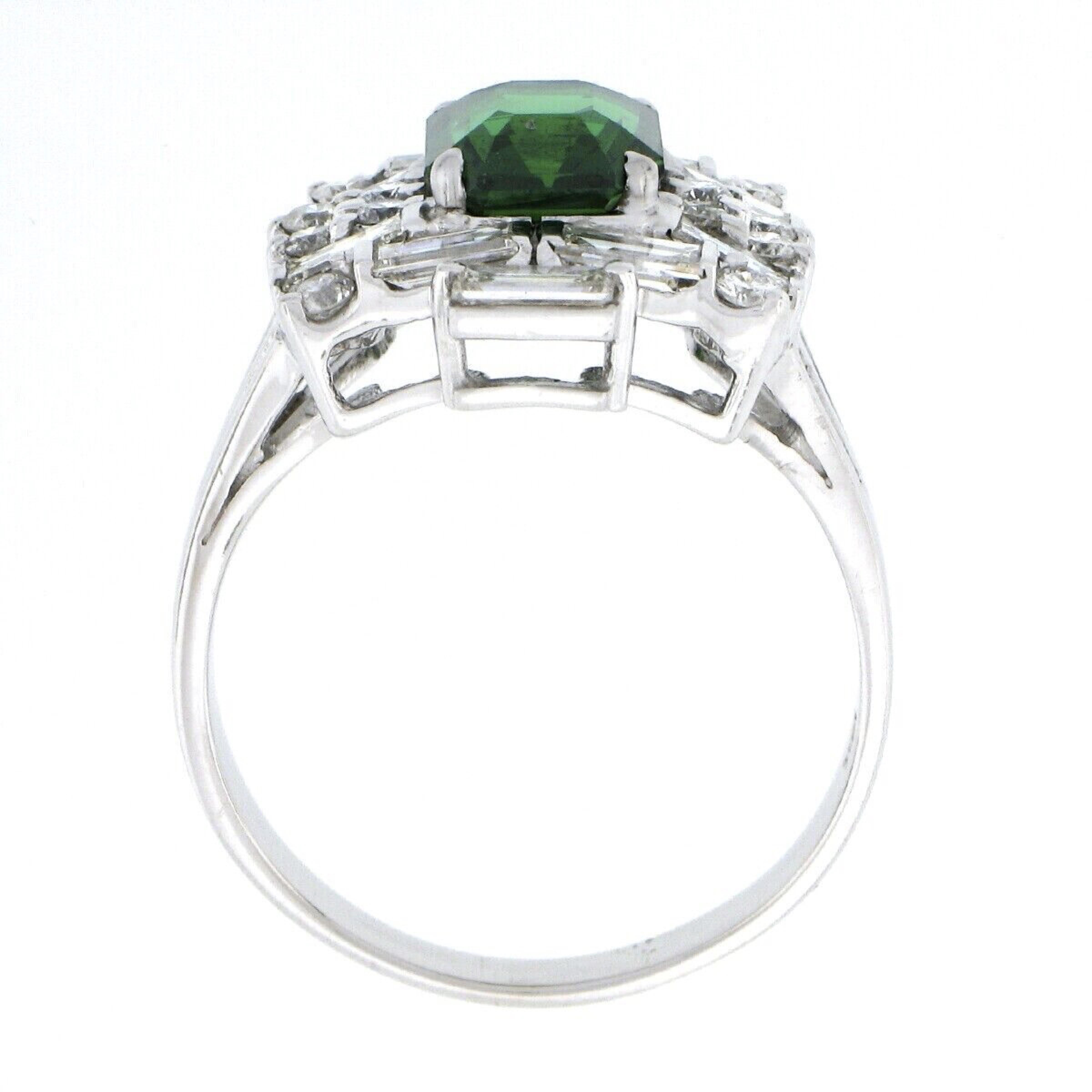 Vintage 18k White Gold GIA Emerald Cut Tsavorite w/ Diamond Brick Pattern Ring For Sale 1