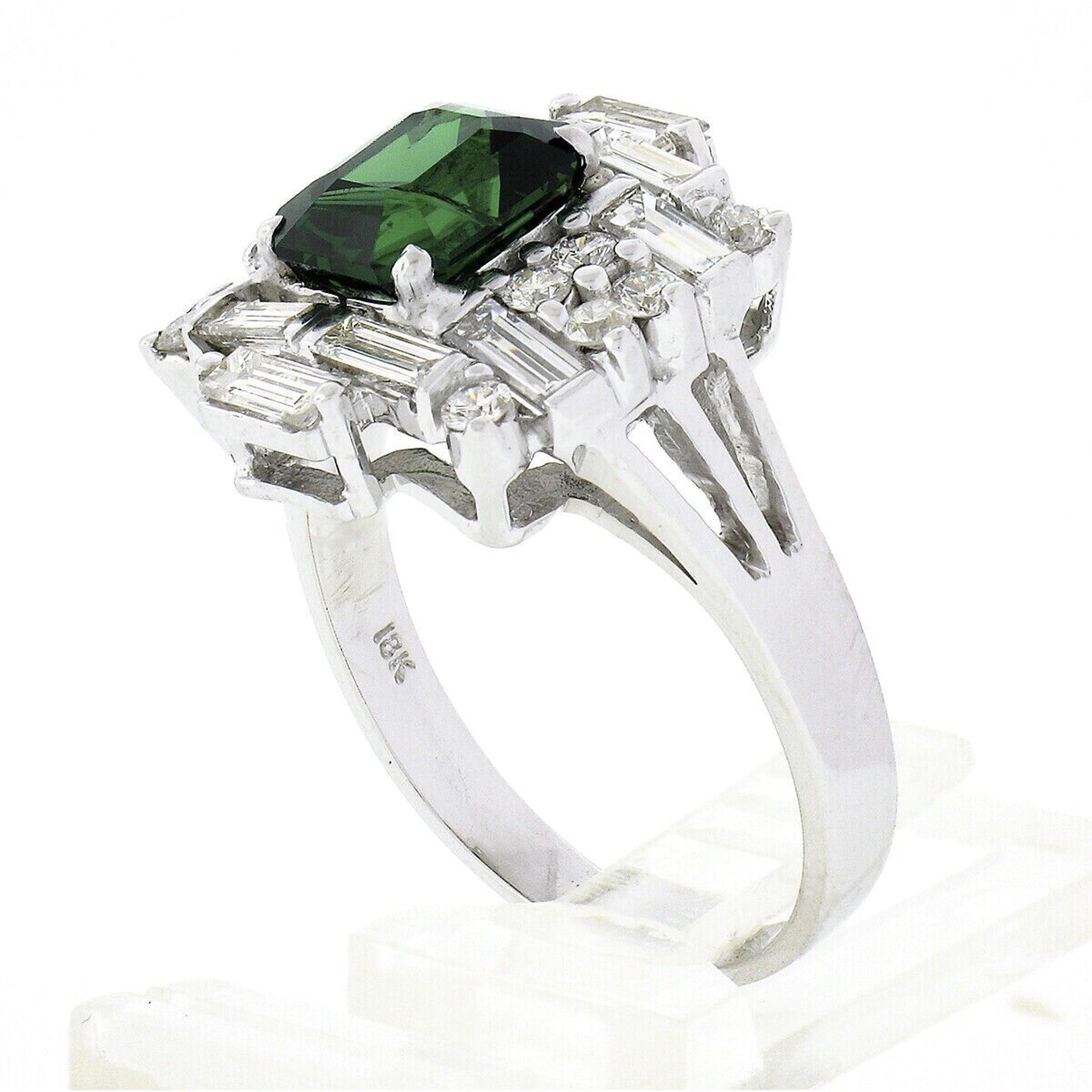 Vintage 18k White Gold GIA Emerald Cut Tsavorite w/ Diamond Brick Pattern Ring For Sale 2