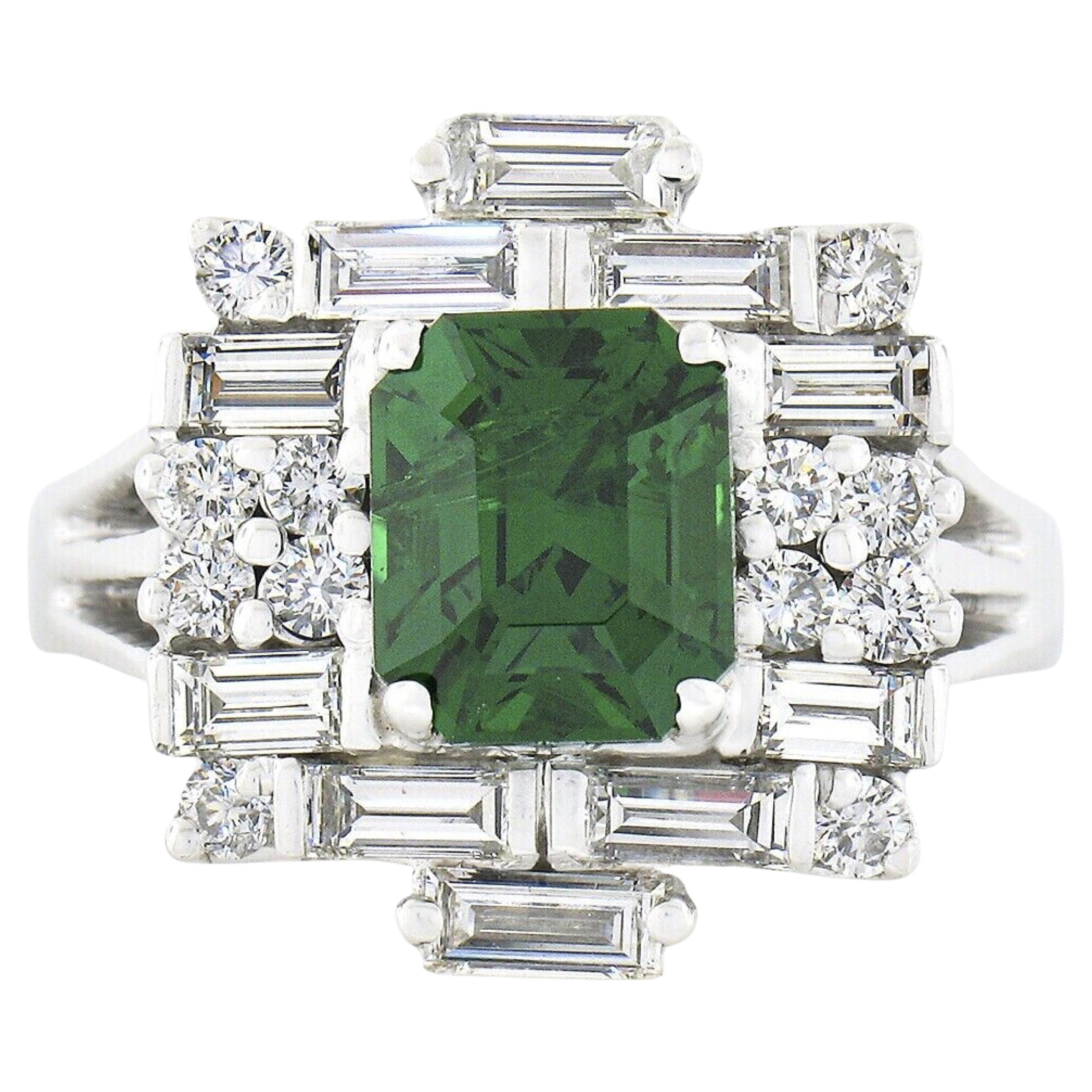 Vintage 18k White Gold GIA Emerald Cut Tsavorite w/ Diamond Brick Pattern Ring For Sale