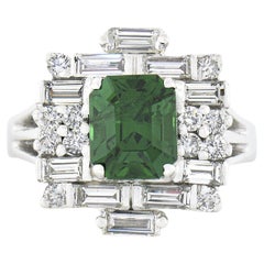 Vintage 18k White Gold GIA Emerald Cut Tsavorite w/ Diamond Brick Pattern Ring