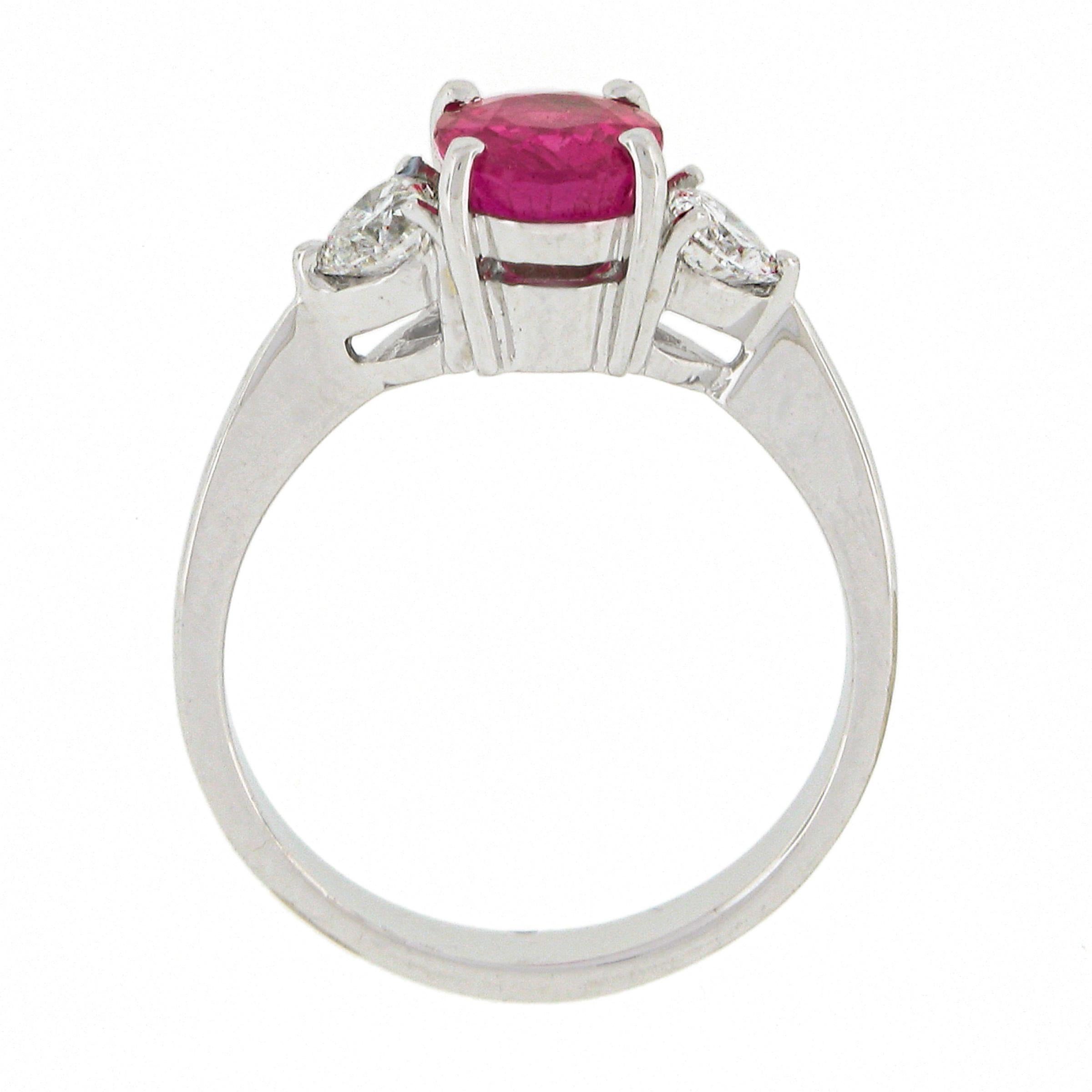 Vintage 18K White Gold GIA NO HEAT Pink Sapphire & Heart Diamond Accents Ring For Sale 2