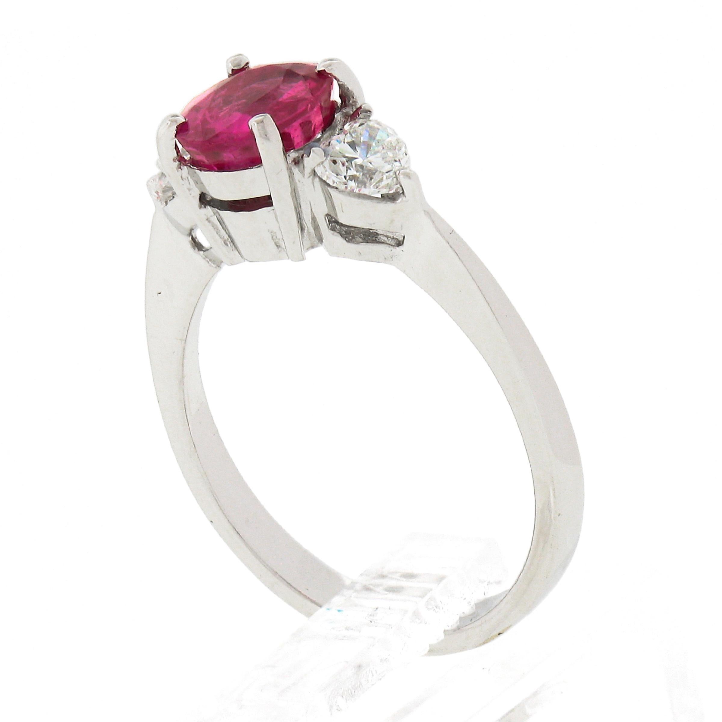 Vintage 18K White Gold GIA NO HEAT Pink Sapphire & Heart Diamond Accents Ring For Sale 3