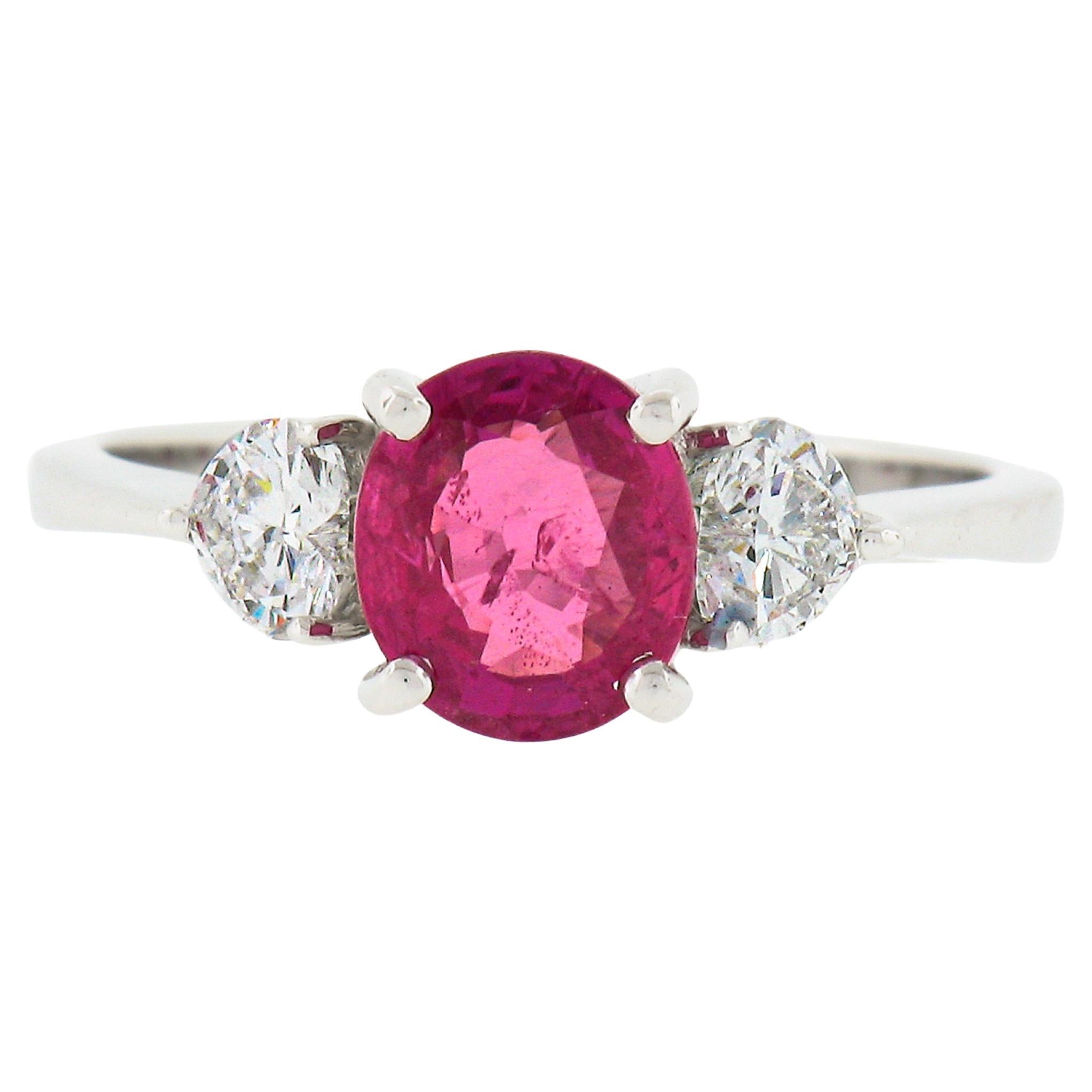 Vintage 18K White Gold GIA NO HEAT Pink Sapphire & Heart Diamond Accents Ring For Sale