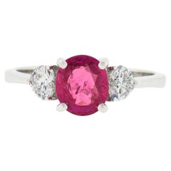 Vintage 18K White Gold GIA NO HEAT Pink Sapphire & Heart Diamond Accents Ring
