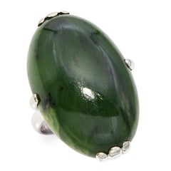 Vintage 18k White Gold Green Nephrite Jade Ring