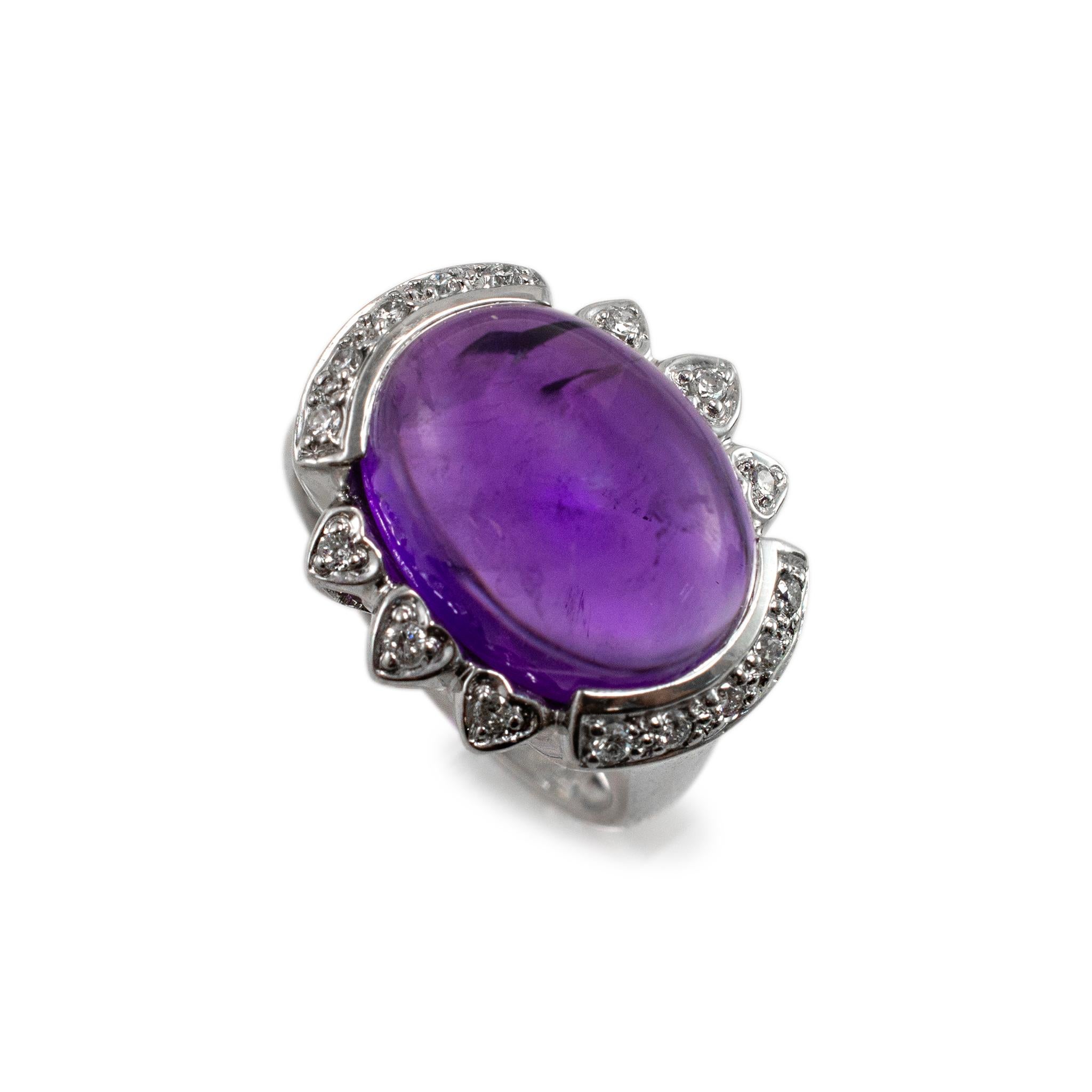 Gender: Ladies

Metal Type: 18K White Gold

Ring Size: 7

Weight: 9.09 grams

One ladies Rhodium-plated 18K white gold vintage diamond and amethyst cocktail halo ring with a half-round shank. Engraved with 