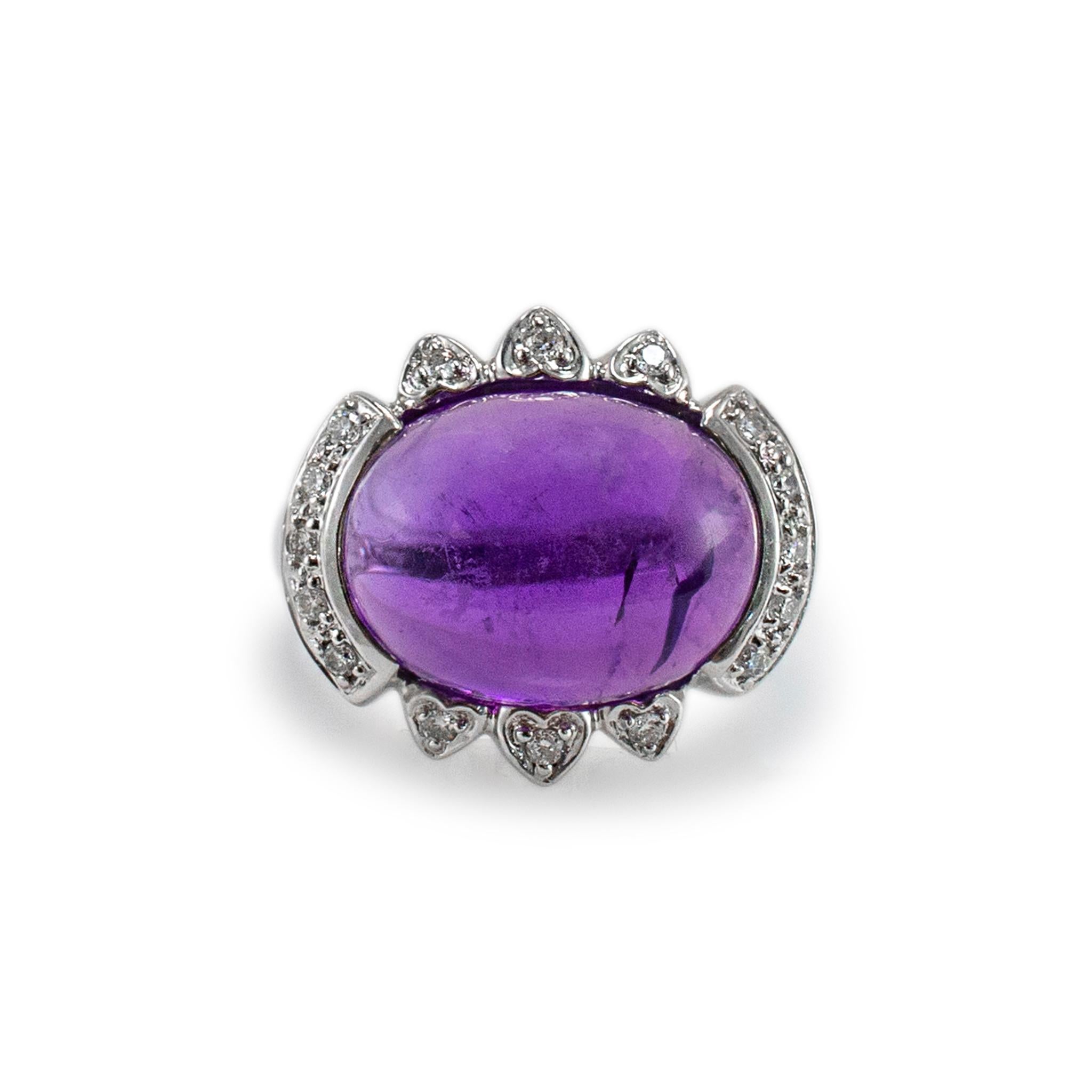 Vintage 18K White Gold Halo Diamond 7.44ct Amethyst Cabochon Cocktail Ring