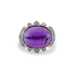 Vintage 18K White Gold Halo Diamond 7.44ct Amethyst Cabochon Cocktail Ring