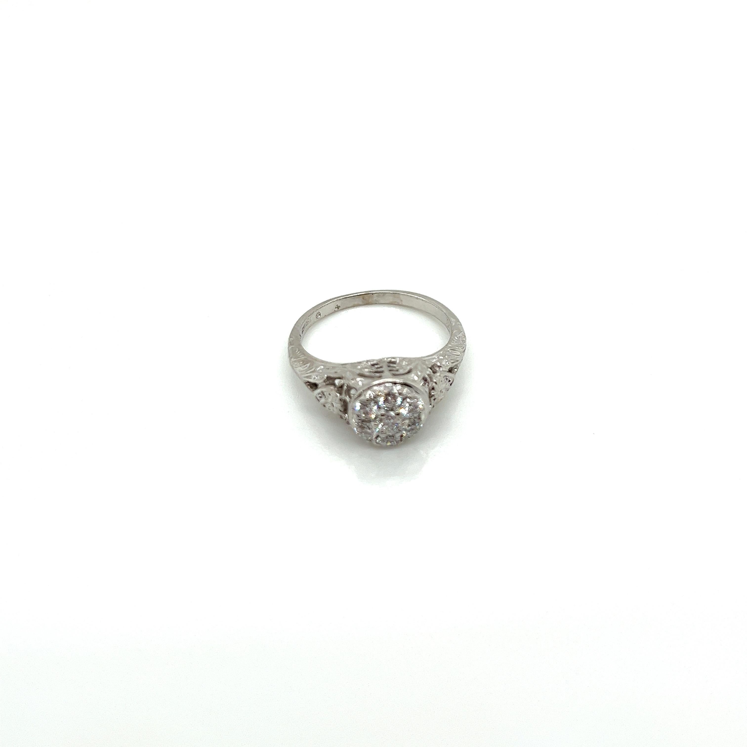 Round Cut Vintage 18K White Gold Jabel Edwardian Diamond Cluster Filigree Engraved Ring For Sale
