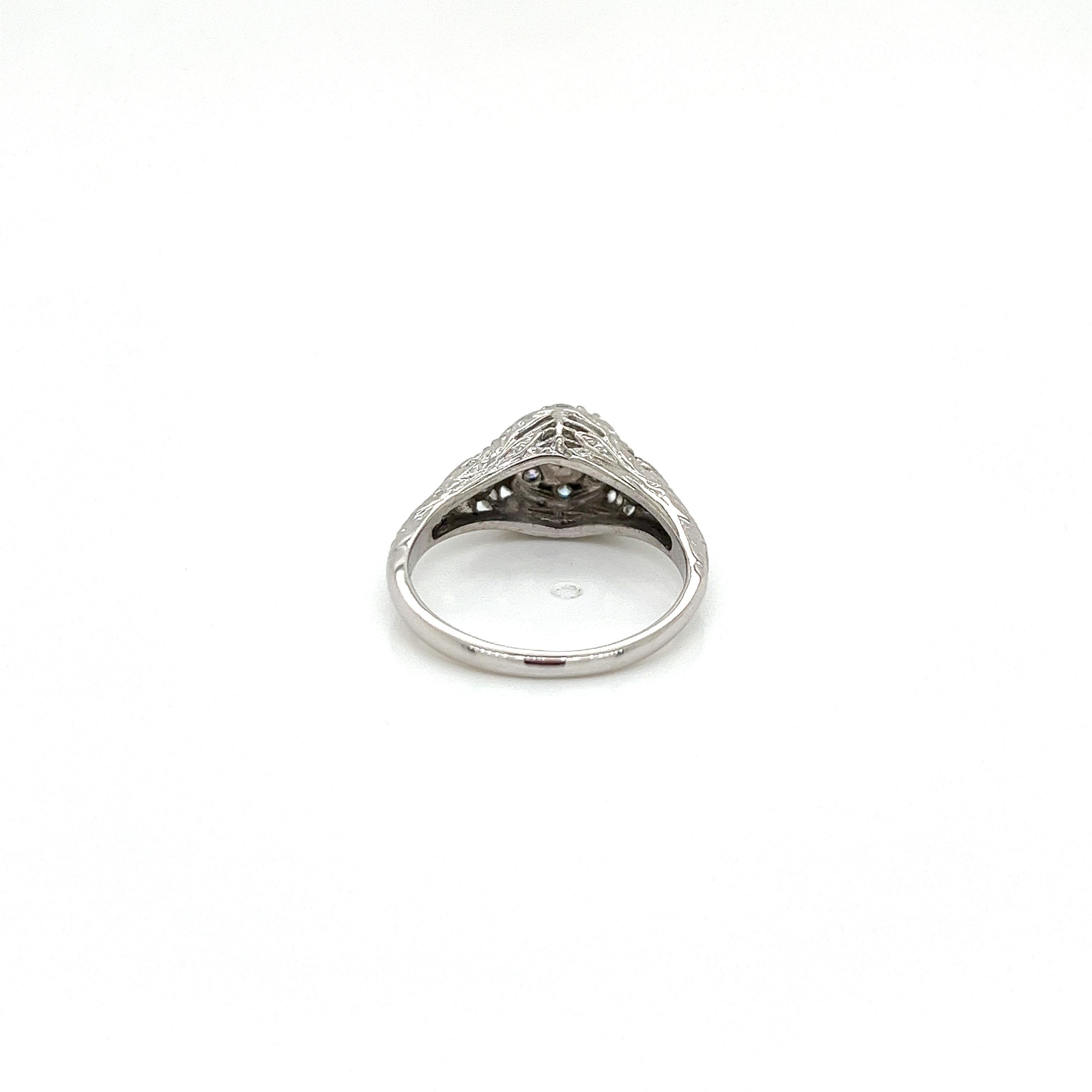 Women's Vintage 18K White Gold Jabel Edwardian Diamond Cluster Filigree Engraved Ring For Sale