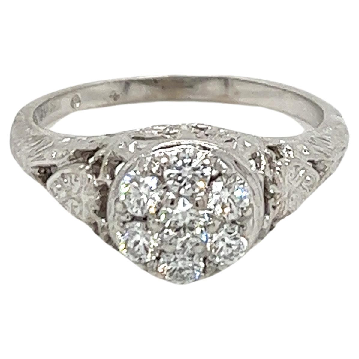 Vintage 18K White Gold Jabel Edwardian Diamond Cluster Filigree Engraved Ring For Sale